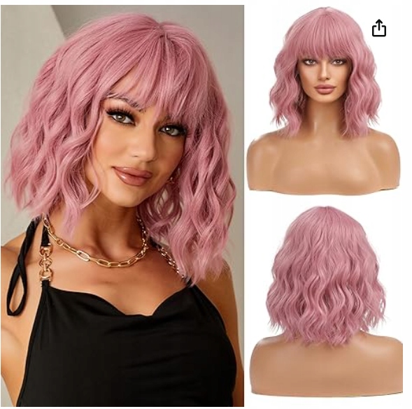 Esmee Paruka Pink Bob Paruka s hřívou kudrnatá vlnitá syntetická 35 cm