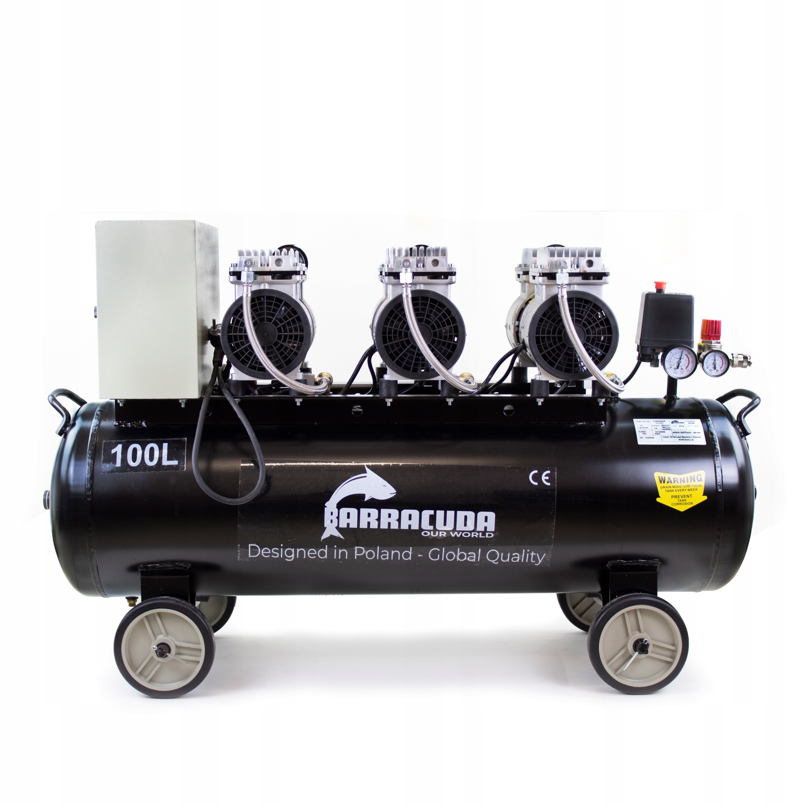 Kompresor BEZOLEJOWY sprężarka 10 BAR 100L 230V 1,65kW 550l/min CICHA PRACA Rodzaj sprężarka tłokowa