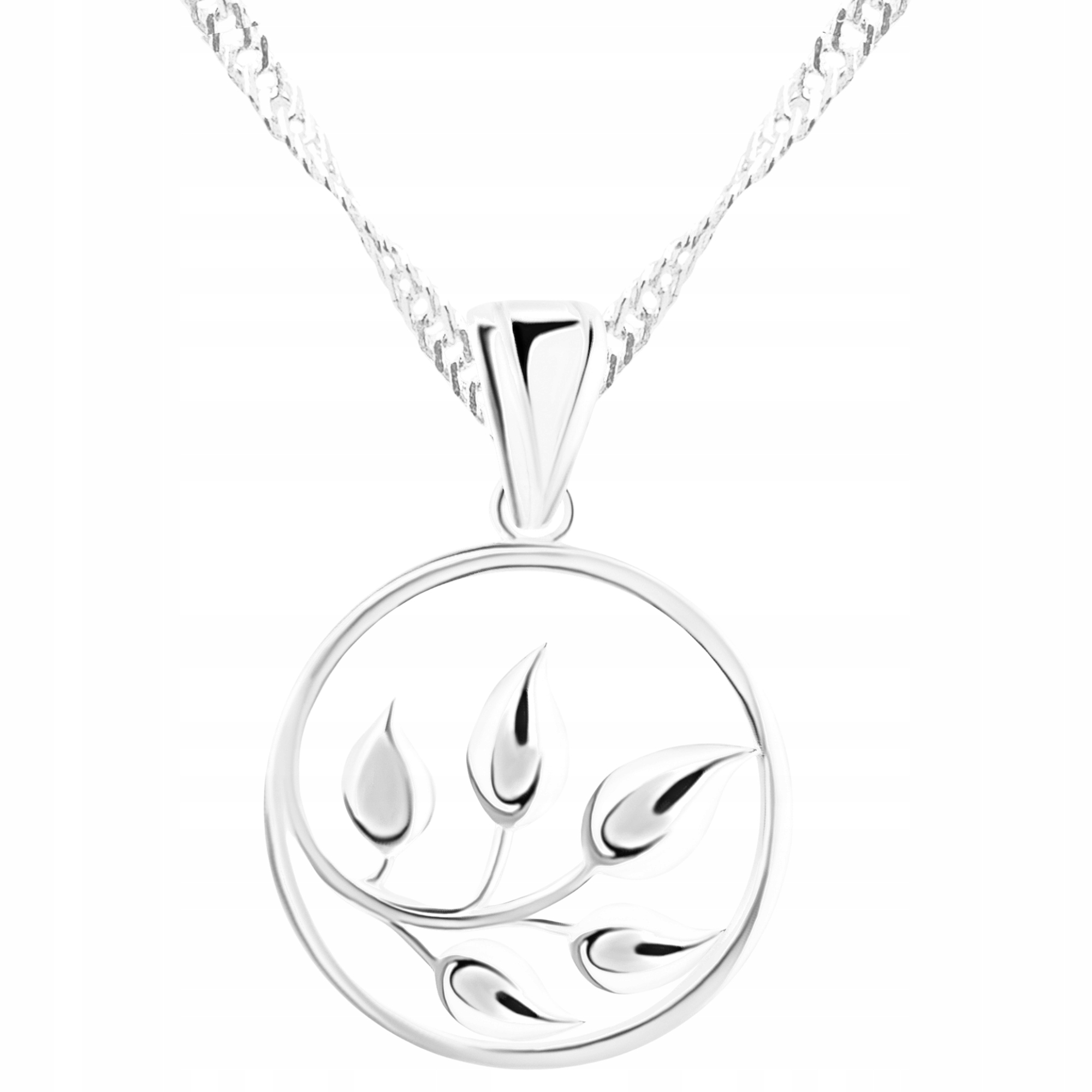 Stříbrný náhrdelník 925 Kulatý Přívěsek Listy Větvička Rostlina Příroda