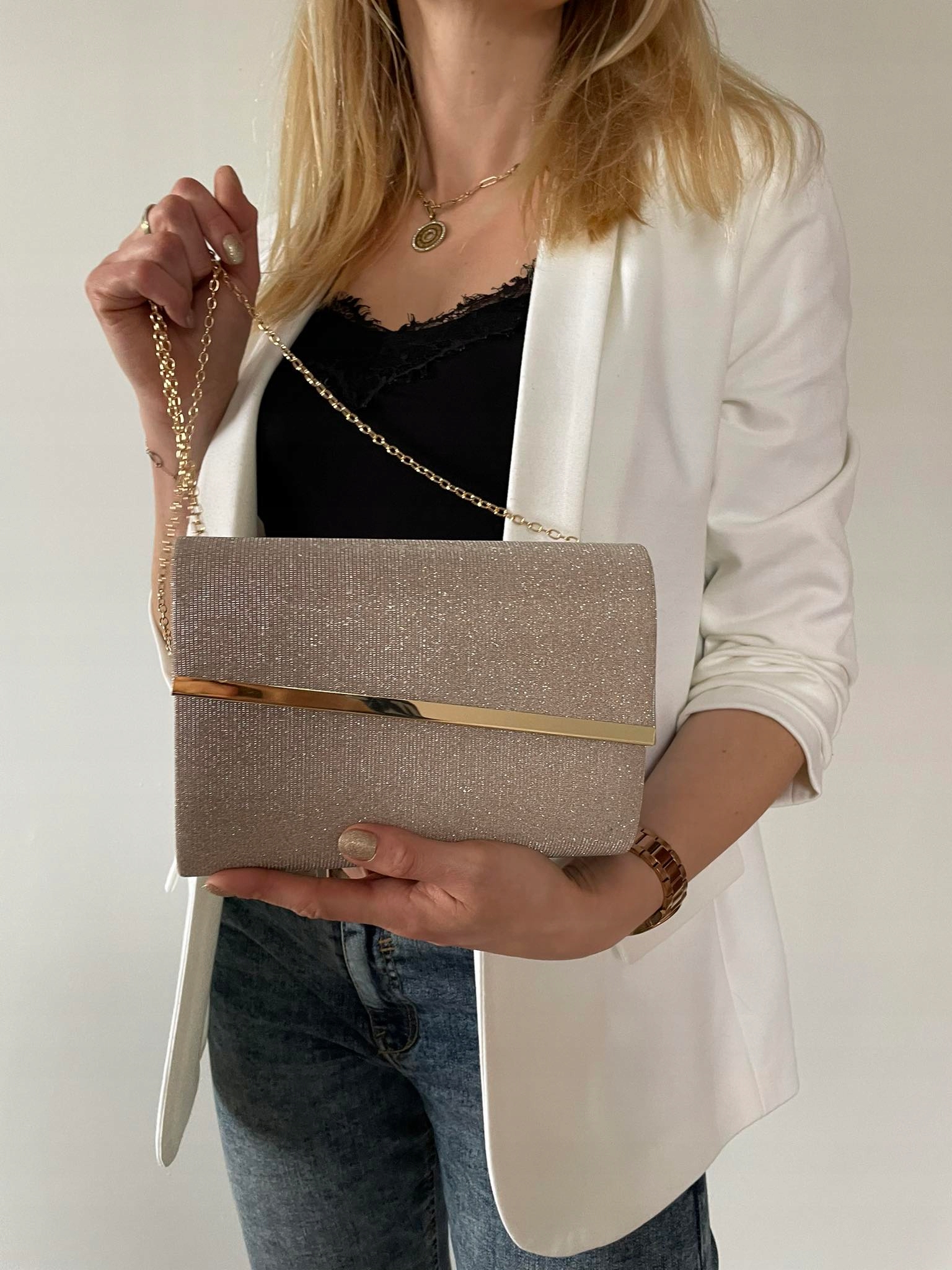 BŁYSZCZĄCA PIĘKNA TOREBKA KOPERTÓWKA różowe złoto Styl wizytowy