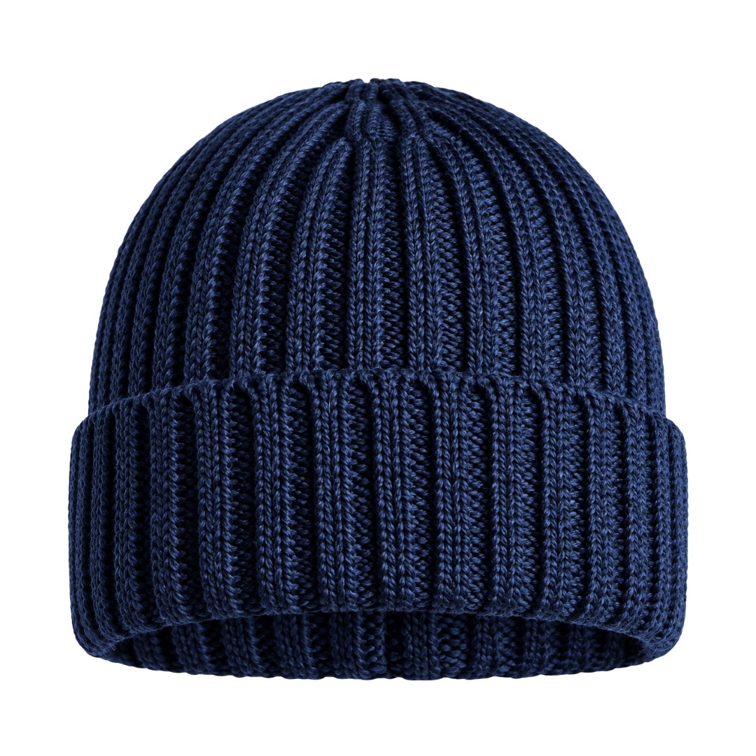 Žebrovaná Čepice ze 100% merino vlny, velmi teplá, tmavě modrá
