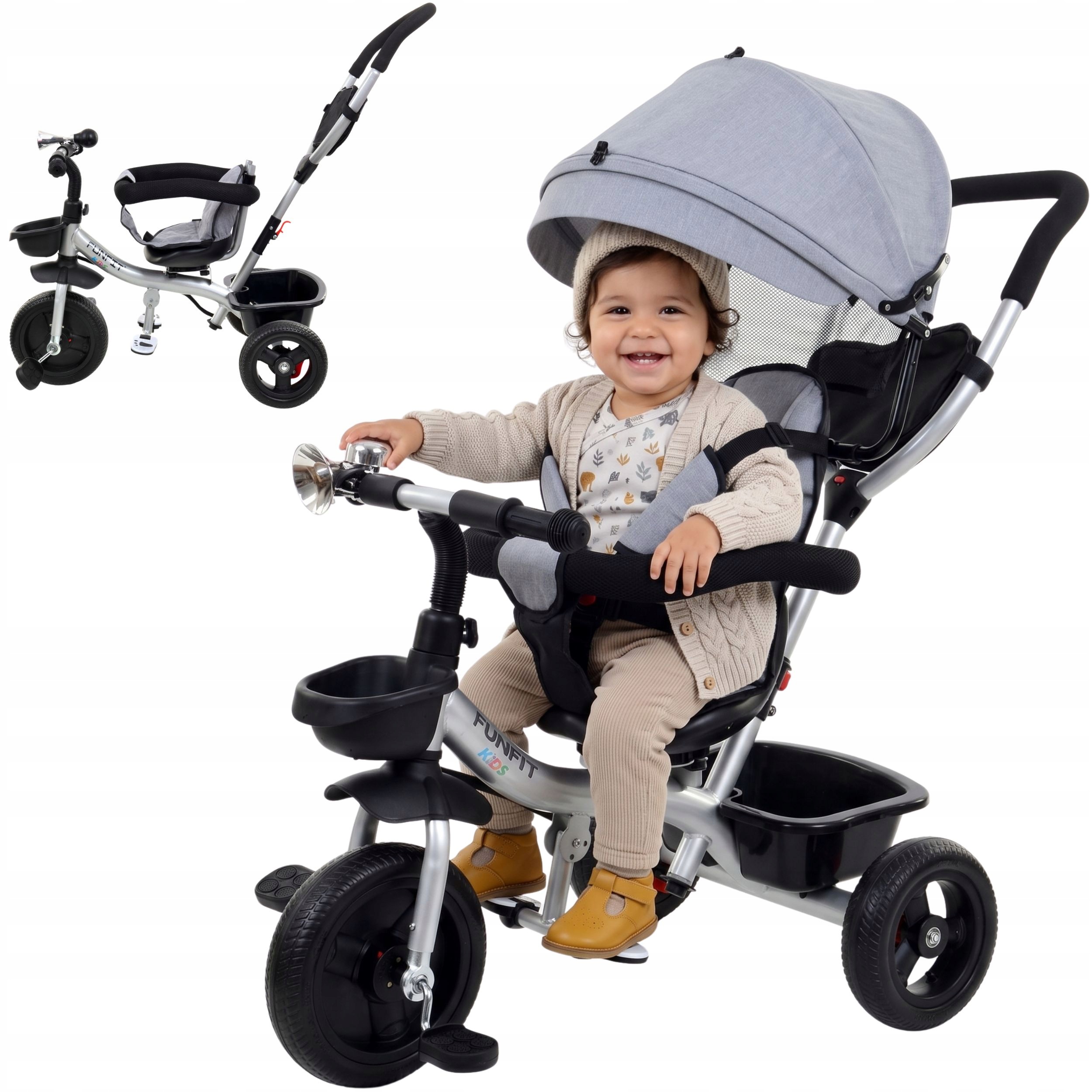 Rowerek trójkołowy spacerowy dla dzieci Funfit Kids szary z trąbką