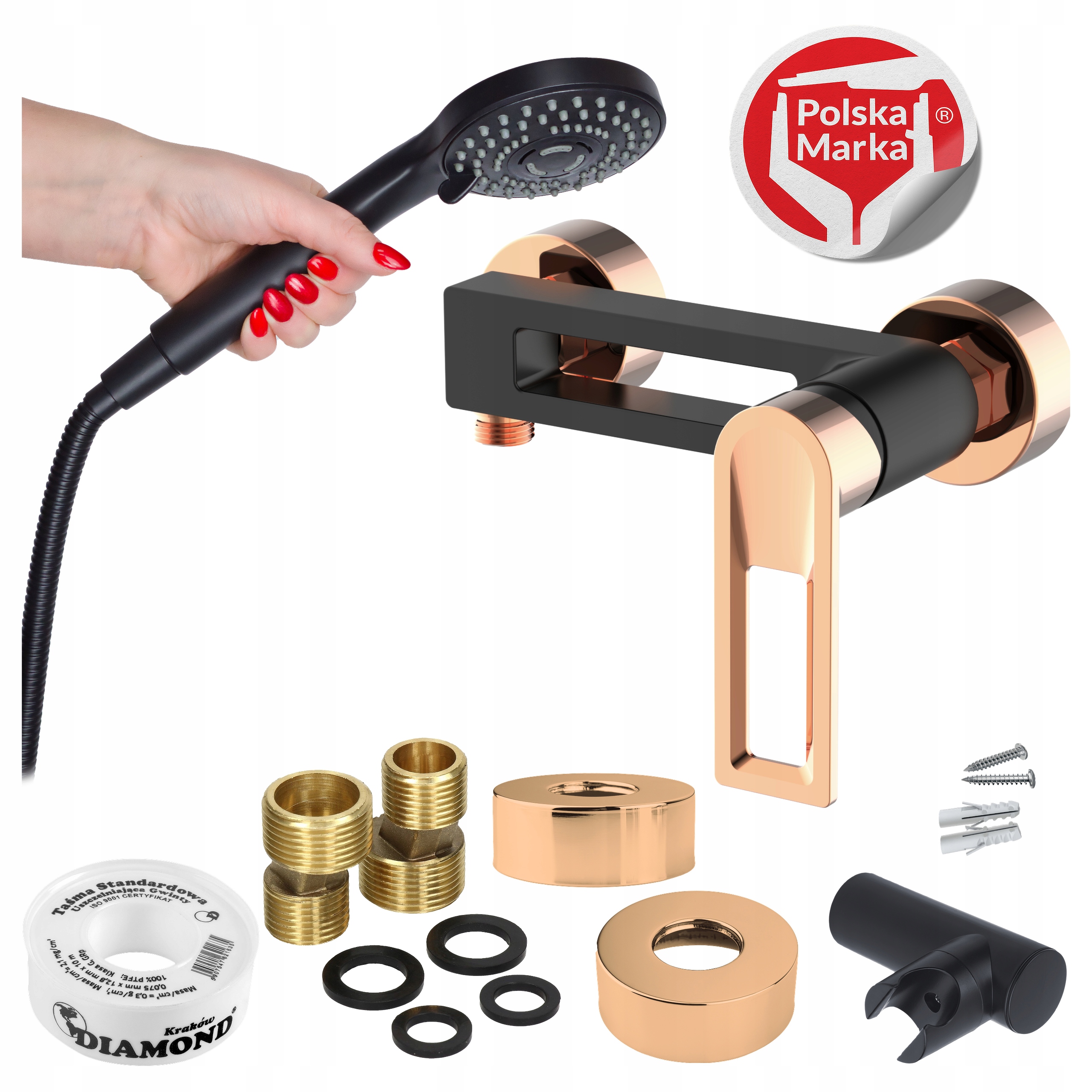 Sprchová batéria, sprchová, čierna, zlatá, na stenu, so sadou Sotbe