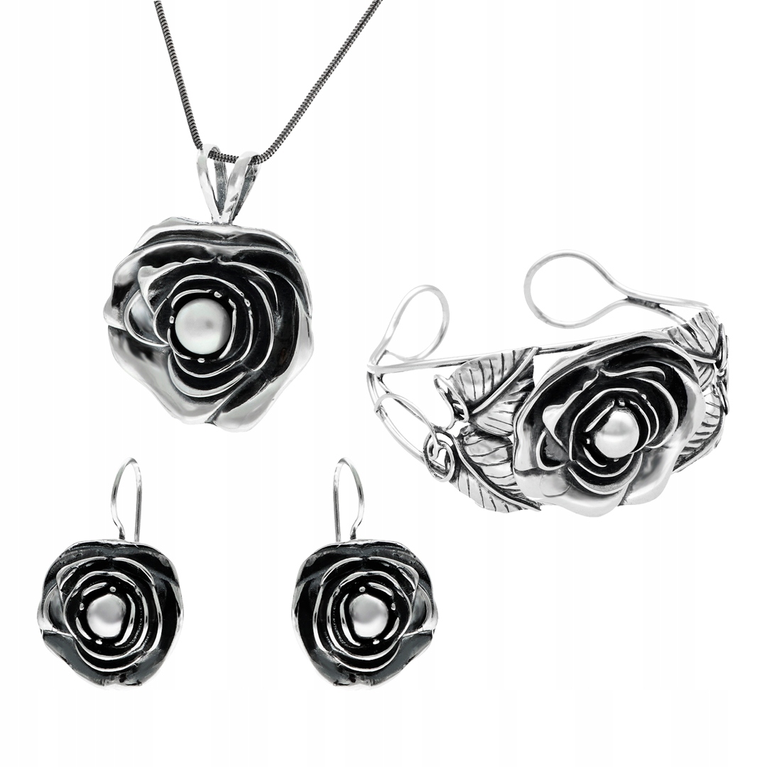 Komplet květin s perlou a stříbro oxidovaným