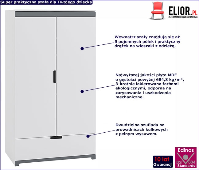 SZAFA DLA DZIECKA BIAŁA SZUFLADA PÓŁKI DWUDRZWIOWA Marka Elior