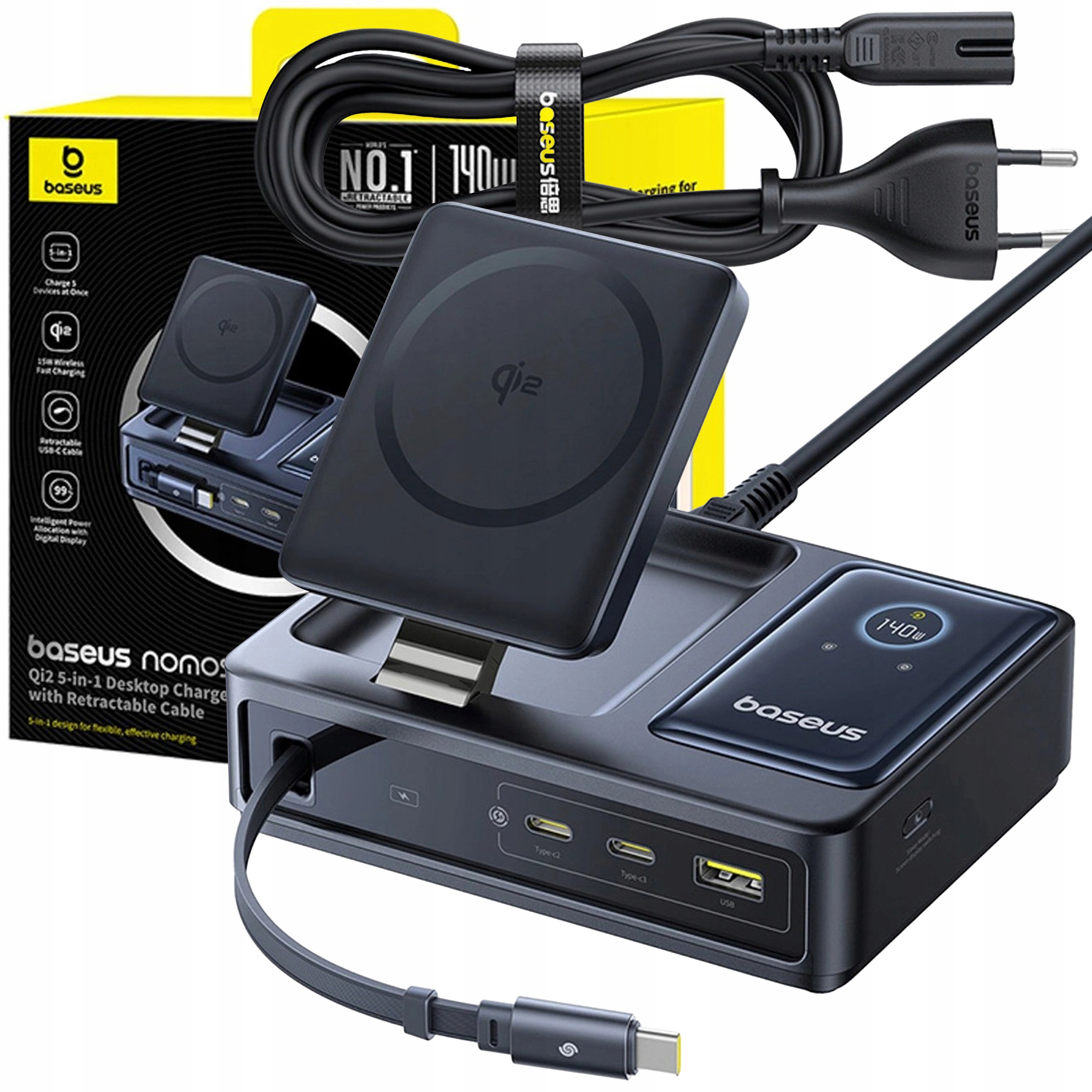 Baseus Nabíjecí Stanice 140W Qi2 5v1 Bezdrátová Usb-c Usb Kabel Usb-c