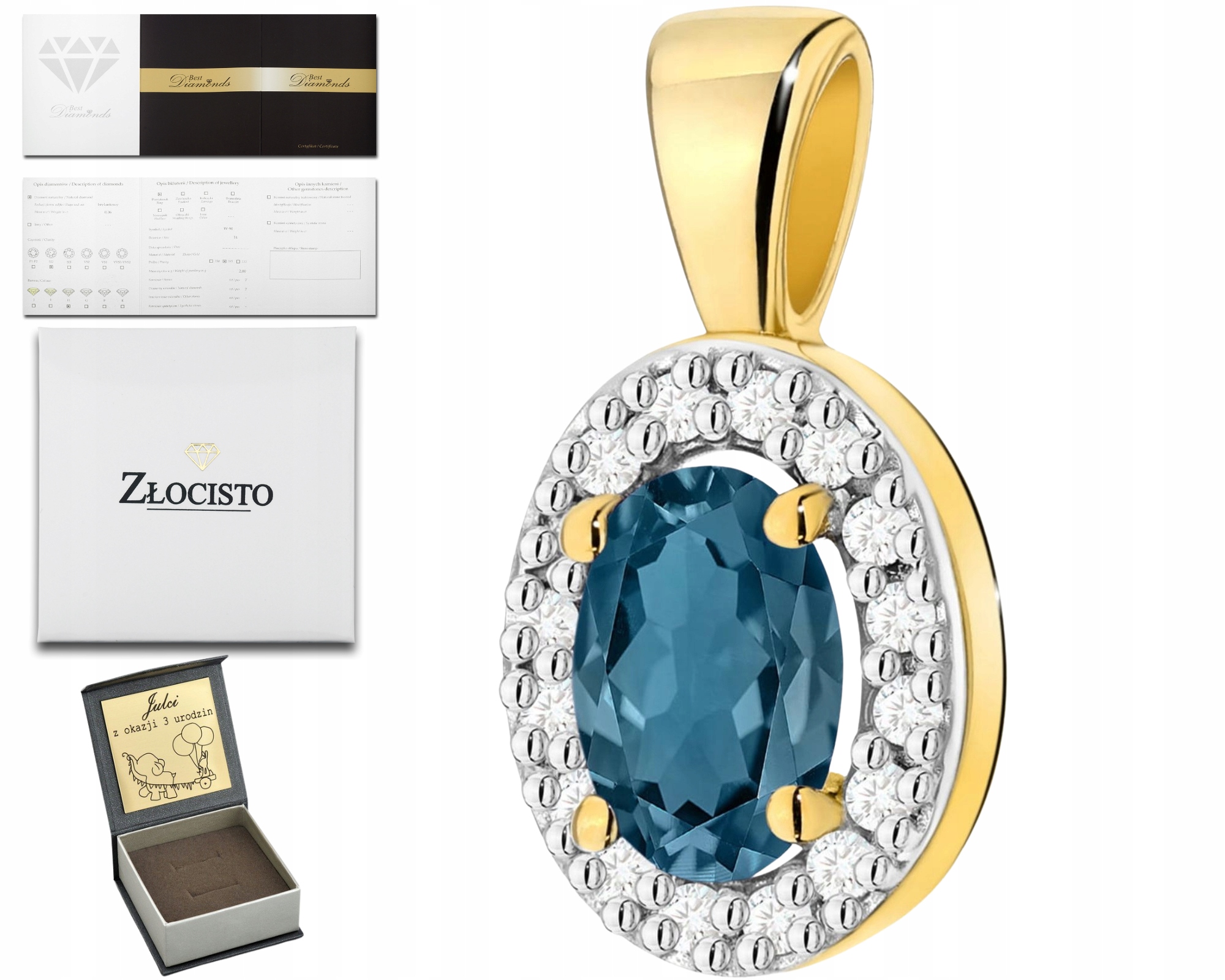 Zlatý Elegantní Přívěsek S Topazem London Blue A Brilianty, Zlato 585