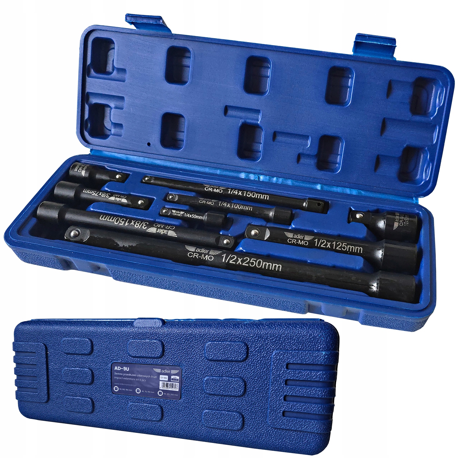 Adler Zestaw Przedłużek Udarowych 1/2" 3/8" 1/4" Cr-Mo Kpl 9 Szt. AD-9U