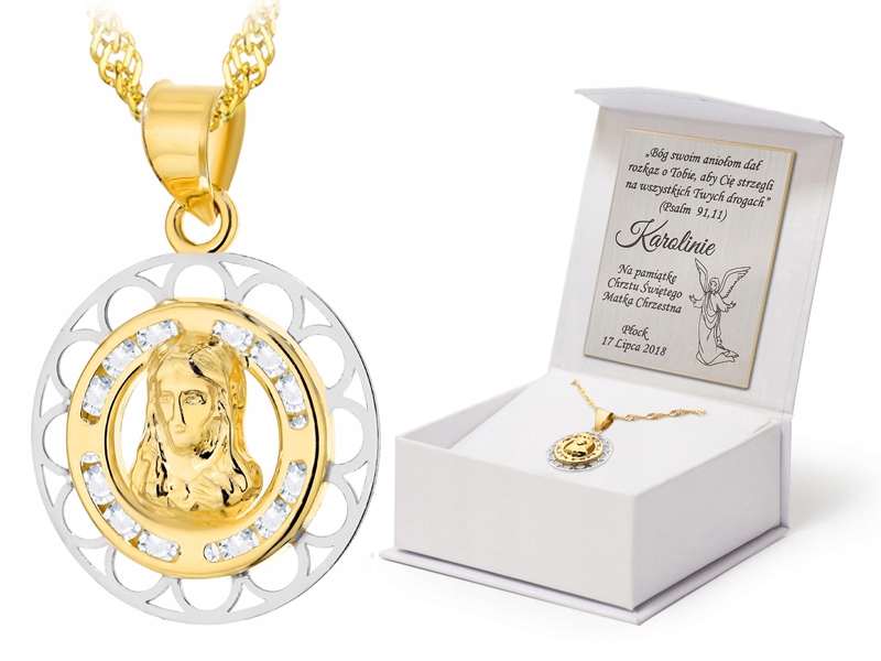 Zlatý Komplet pr. 585 Řetízek 38 Cm Medailon Matka Boží Zirkony 14k