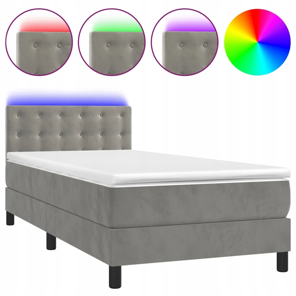 Kontinentální postel s matrací a Led diodami, světle šedá, 203 x 90 x 78/88