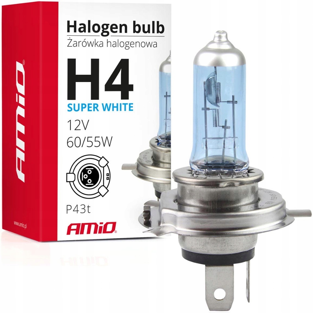 Żarówka Amio Halogenowa Biała Superwhite H4 12V 60/55W Z Filtrem Uv 5500K