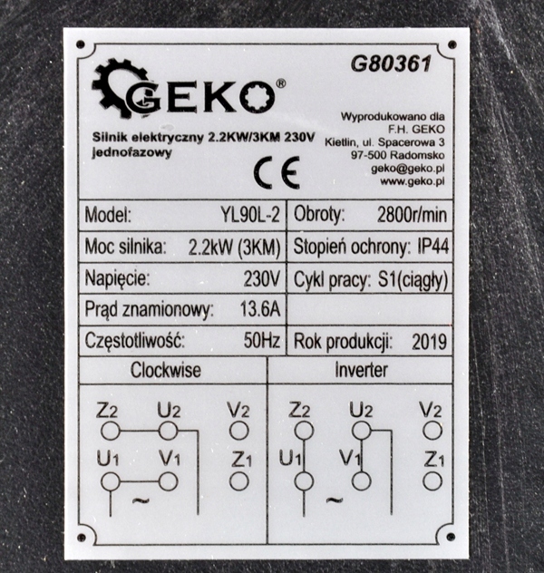 Silnik elektryczny 2.2kW 3km 230V 1 fazowy Typ silnika jednofazowy