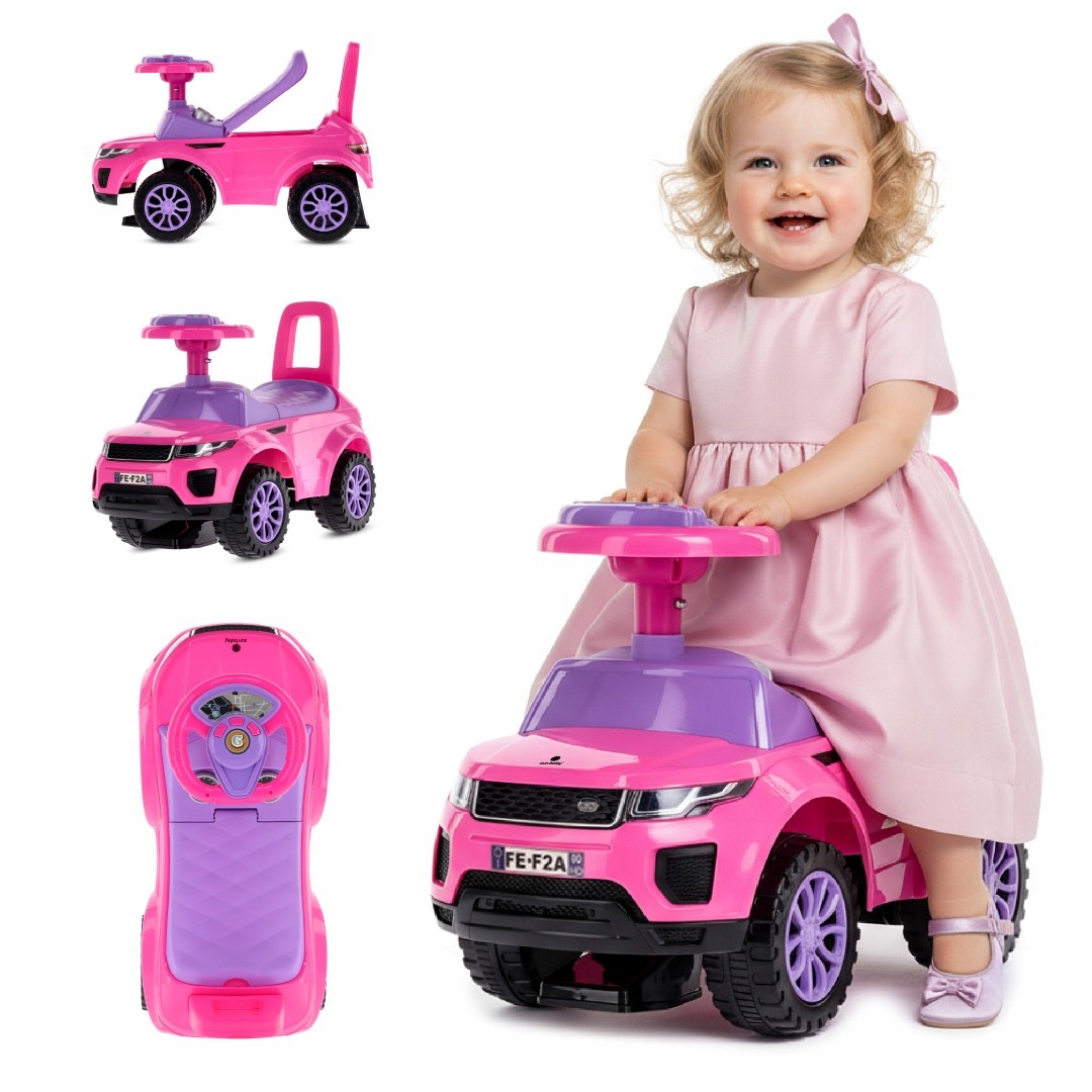 Jeździk dla dziewczynki pchacz chodzik Schowek Dźwięk Oparcie na roczek róż