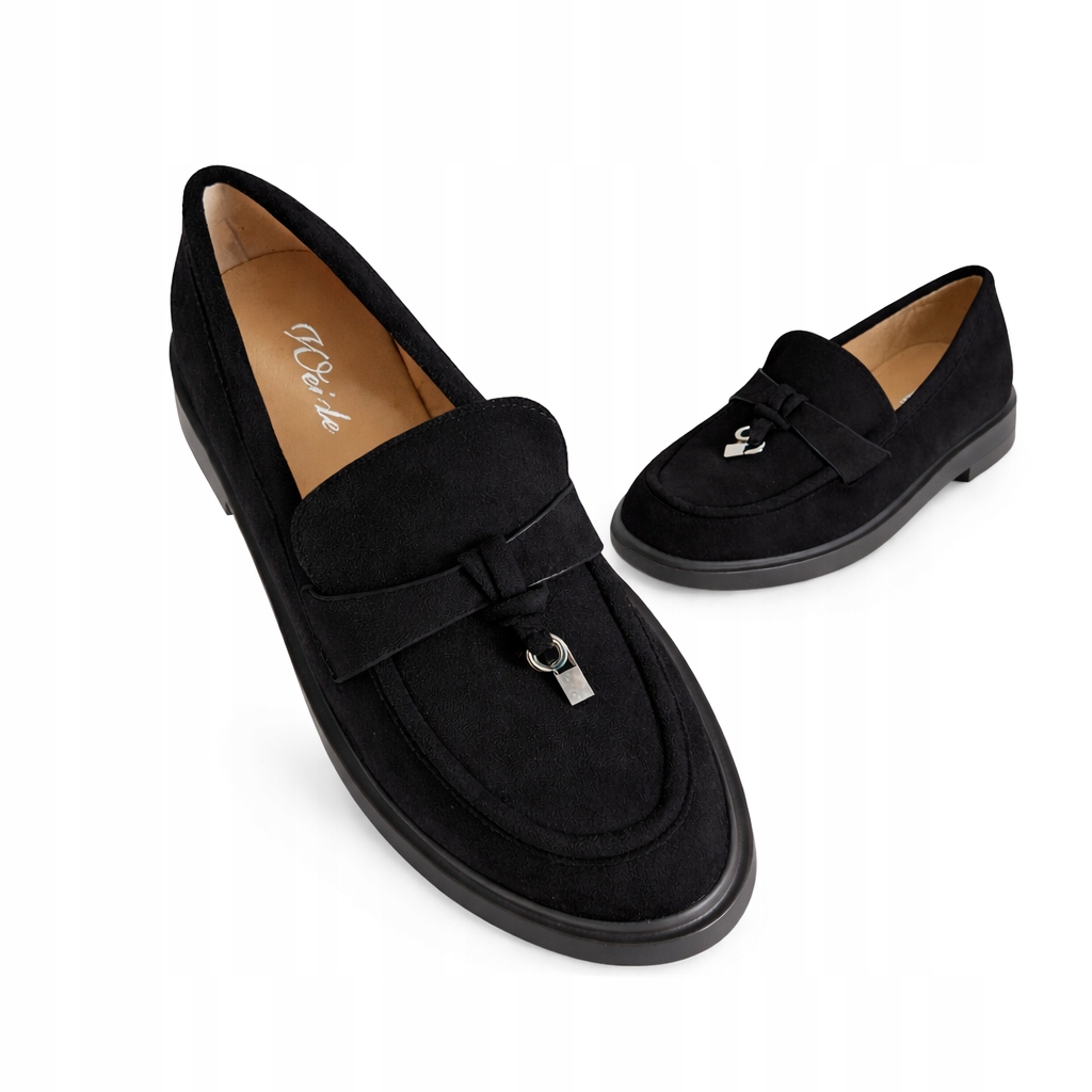 Mokasyny damskie na grubszej podeszwie miękkie czarne z ozdobą 39