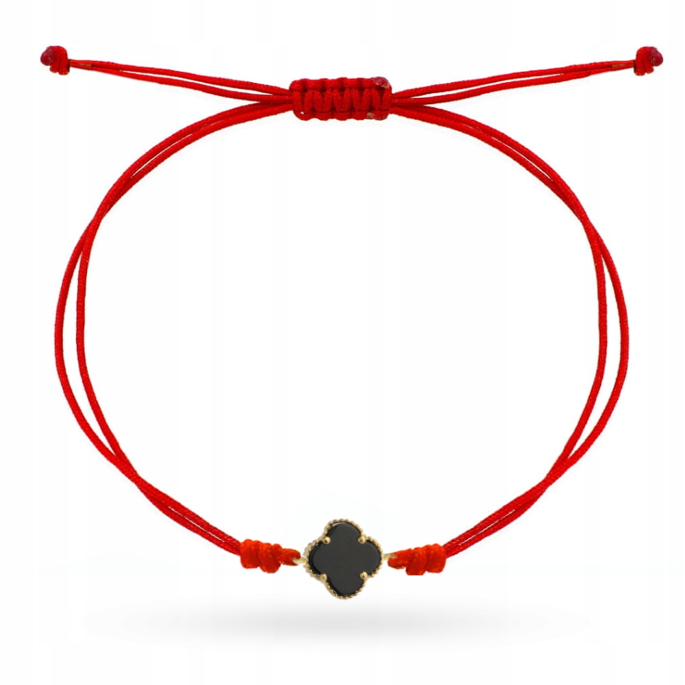 Zlatý náramek 585 s černým čtyřlístek na červené šňůrce jako dárek