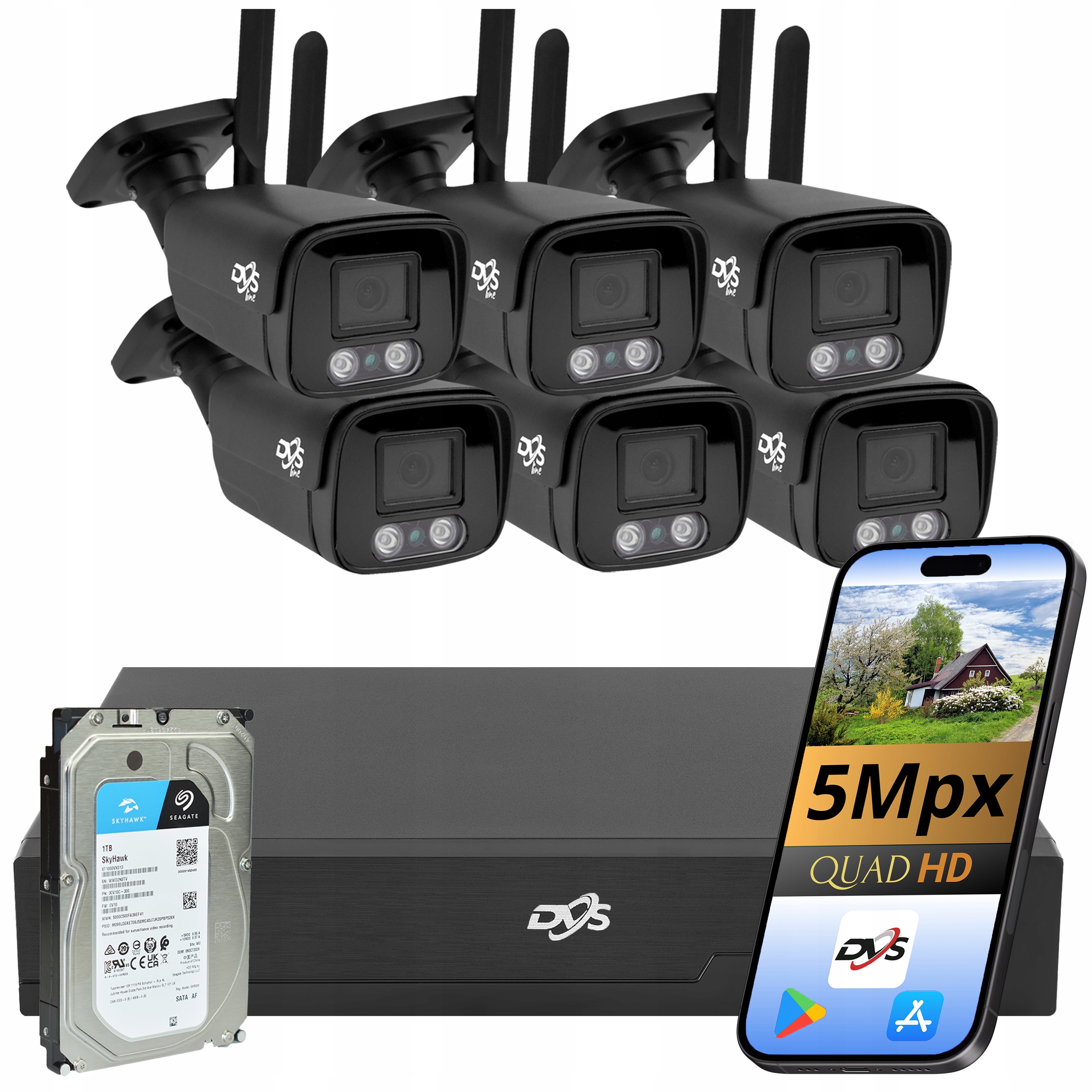 Sada Wifi Kamer 6 Kamera Černá Bezdrátová 5MP Dvs Monitorovací Tuba 1TB