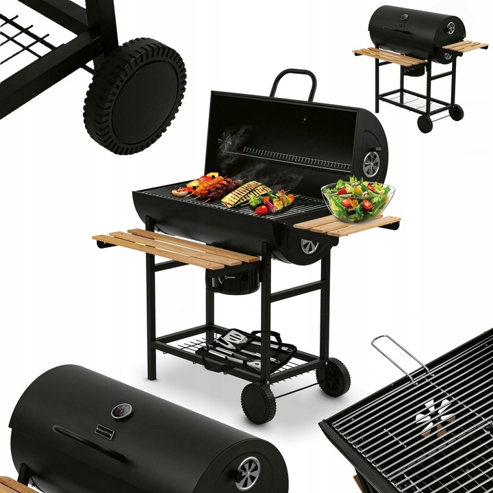 Grill Ogrodowy Węglowy Drewniane Półki Stalowy Termometr Kółka Konighoffer