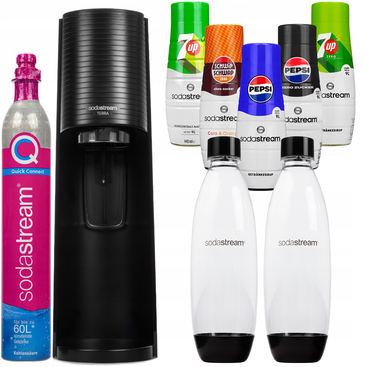 Výrobník Sody Sodastream Terra Černý 2 Lahve 5x Sirupů Pepsi Mirinda 7UP