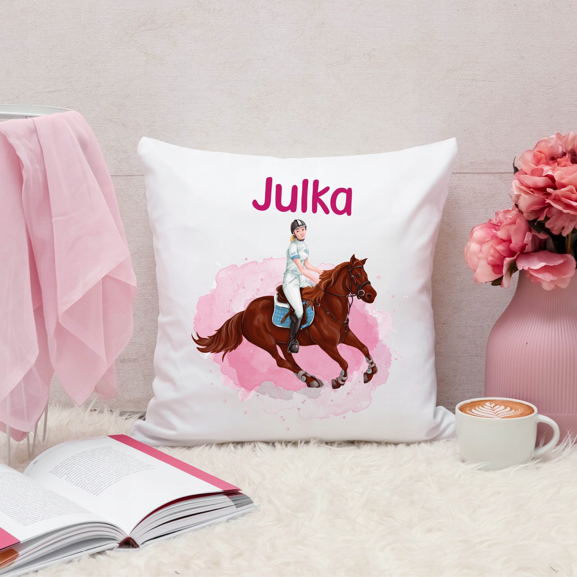 Poduszka + Kubek z koniem jeździectwo + dowolne IMIĘ Materiał ceramika
