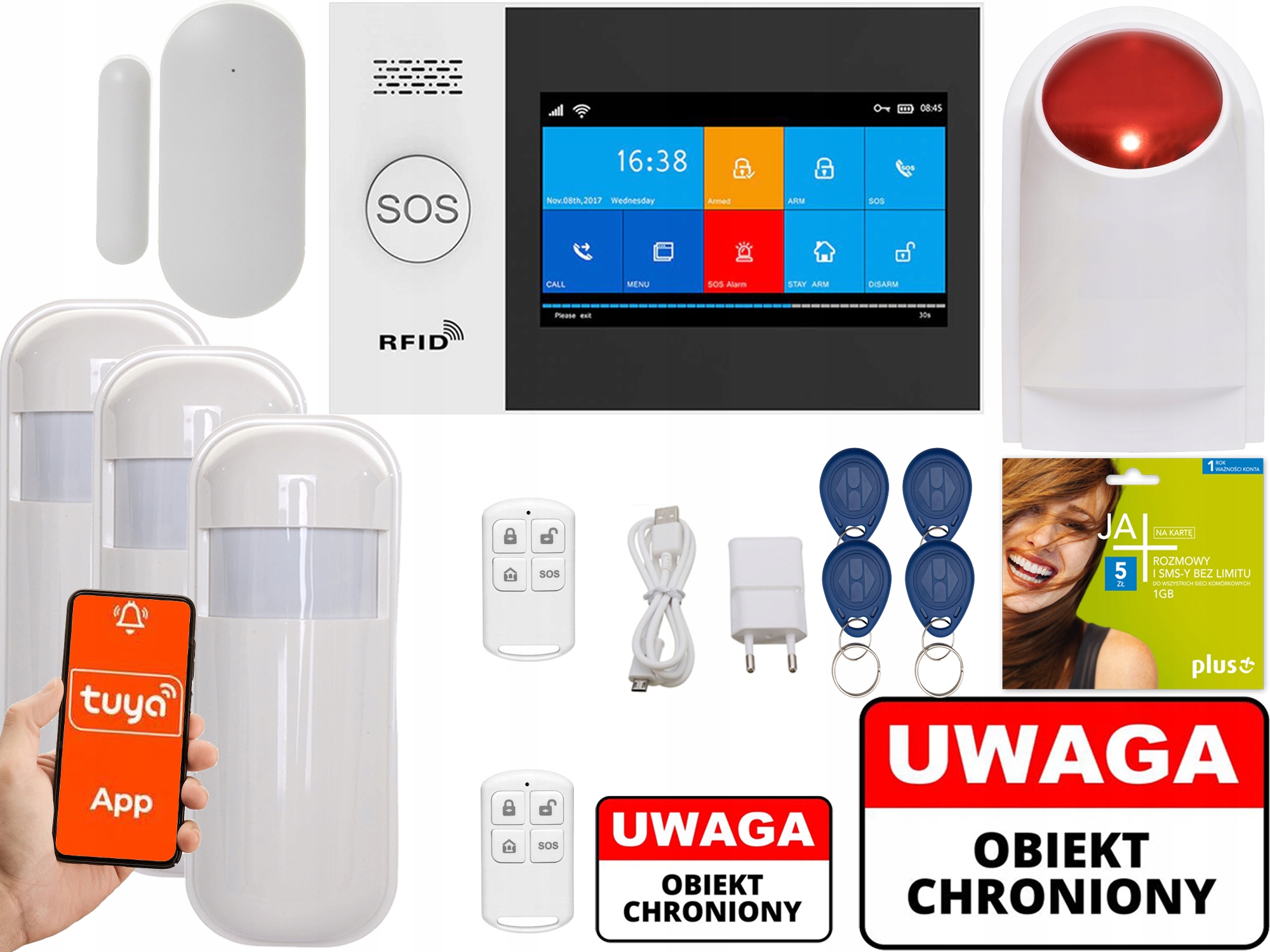 BEZPRZEWODOWY ALARM LCD GSM APP SYRENY WIFI TUYA