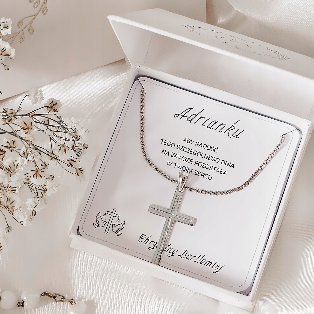 Pamiątka Komunii Świętej Srebrny krzyżyk zdobiony z łańcuszkiem srebro 925 Długość całkowita 45 cm
