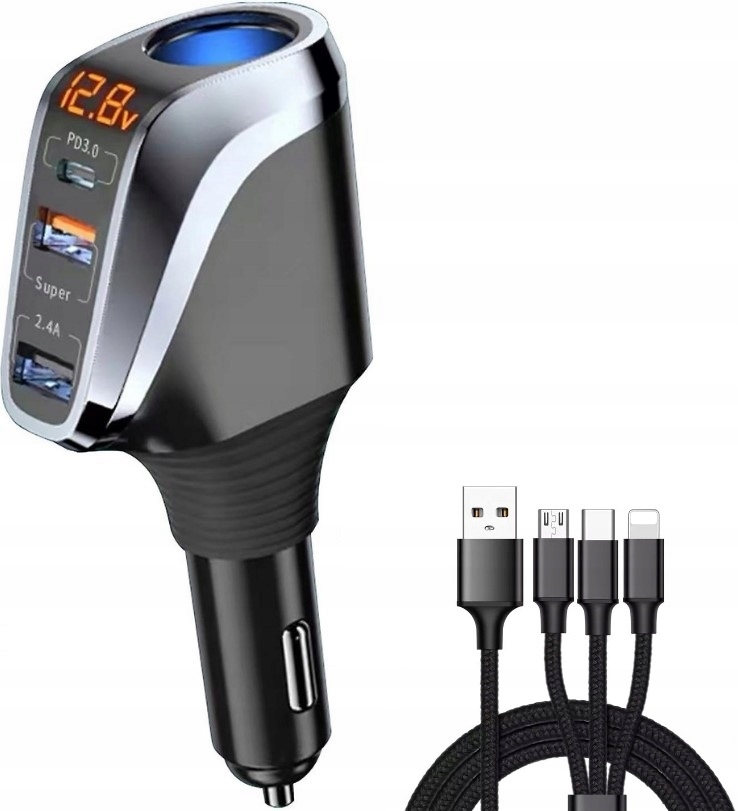 SUPER FAST 100W ŁADOWARKA SAMOCHODOWA USB-C 3xUSB+KABEL 3w1 lightning typ C