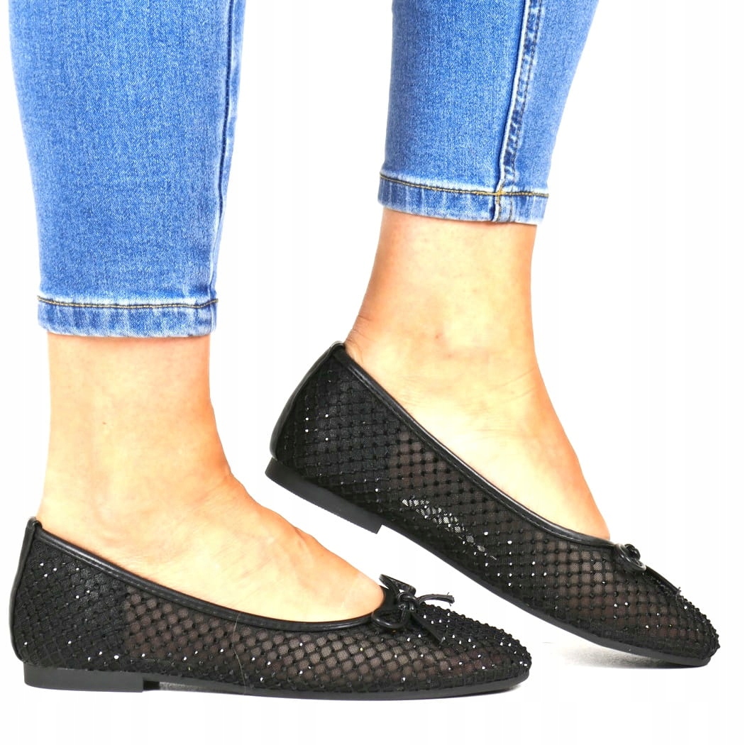 Síťované baleríny zdobené černými zirkony Boty S Plochou Podrážkou Top