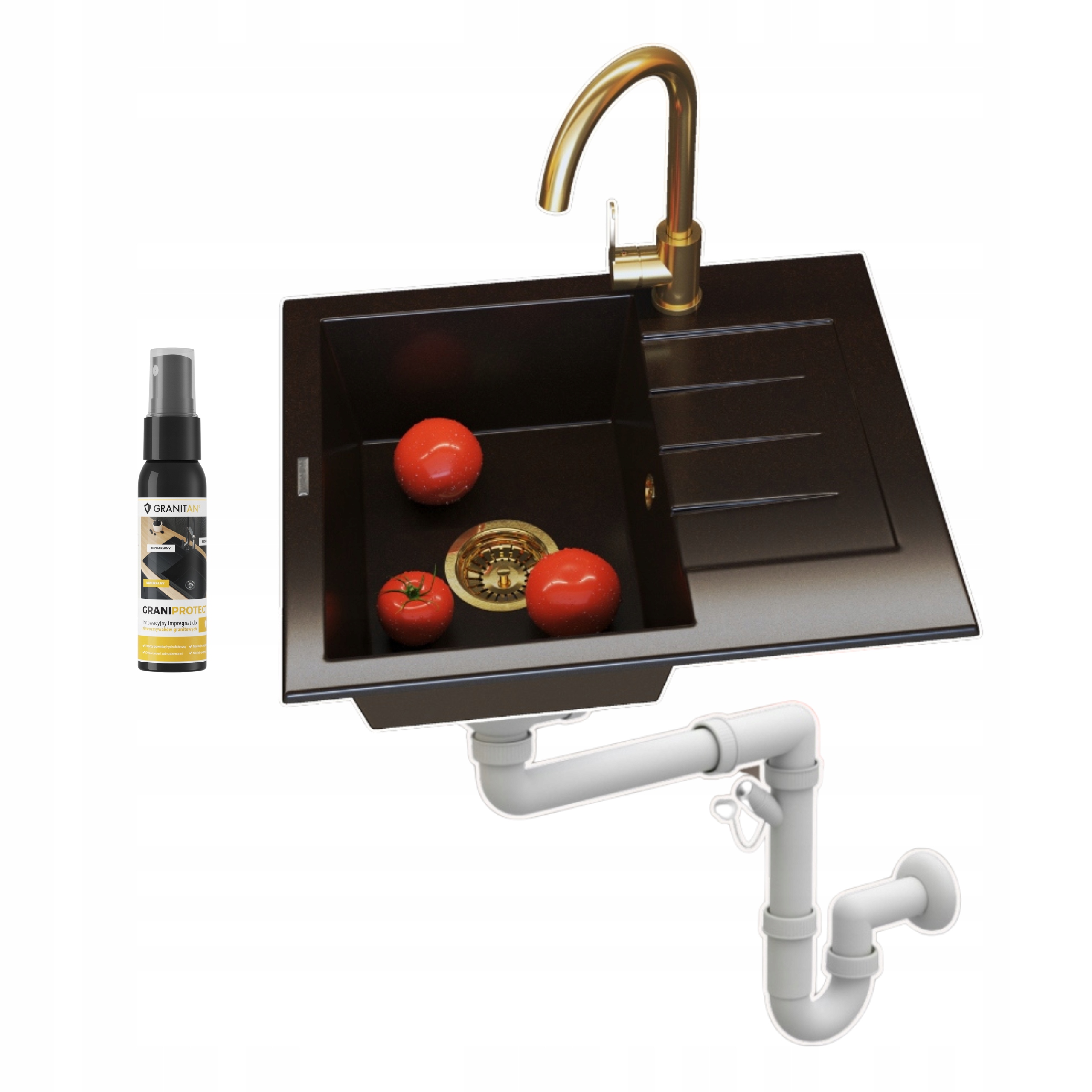 Jednokomorový granitový drez Milano Deep Brown 4v1 Sada batérií Sifón