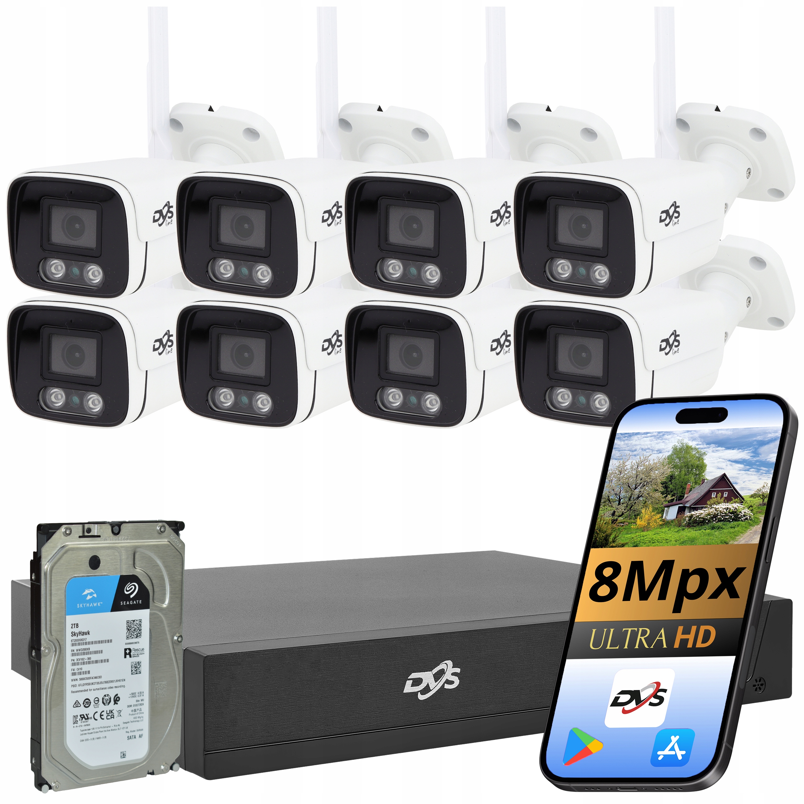 Sada Kamer Wifi 8Mpx 4K Bílá Tuba 8 Kamery Bezdrátové Monitorování 2TB