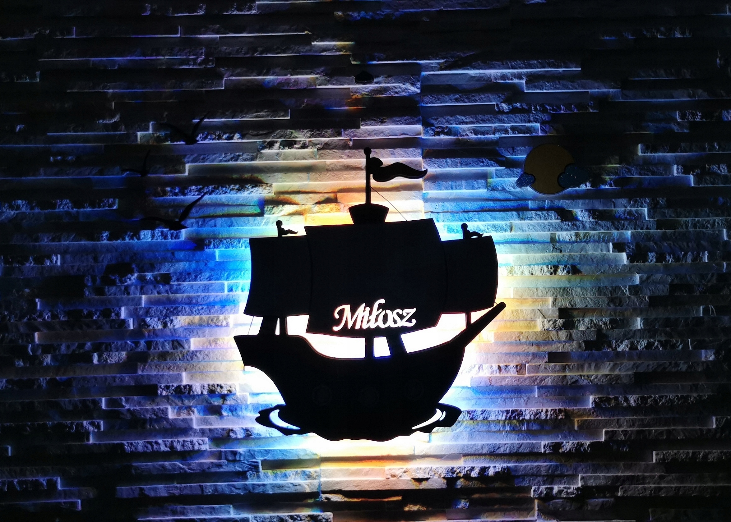 Lampka nocna statek chmurki słońce brokatowy imię dziecka, piracki statek Marka bez marki