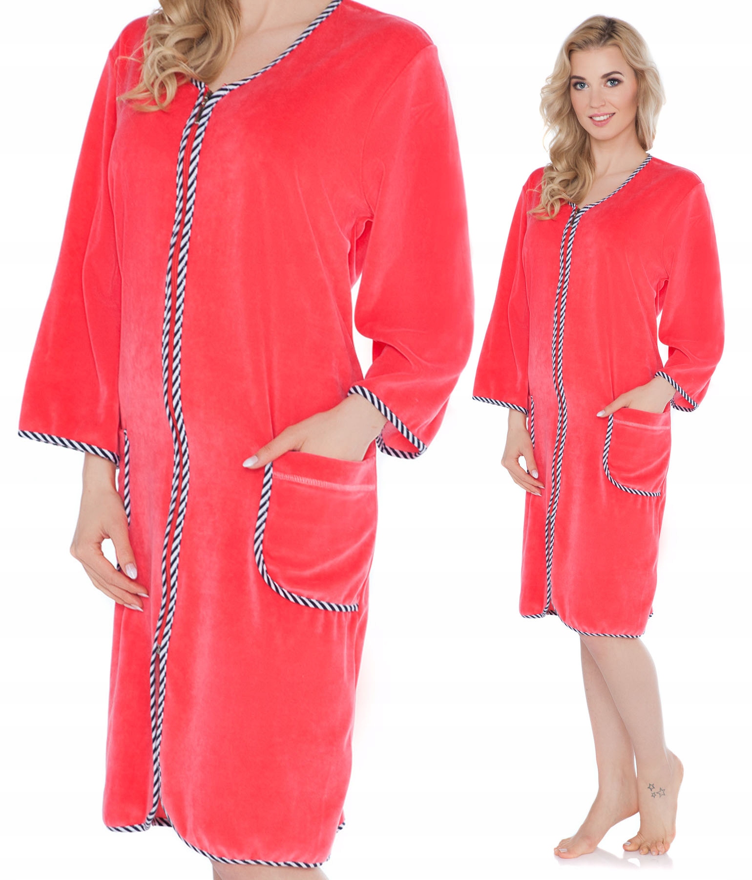 Elegantní dámský župan z veluru s lemováním a 3/4 rukávem