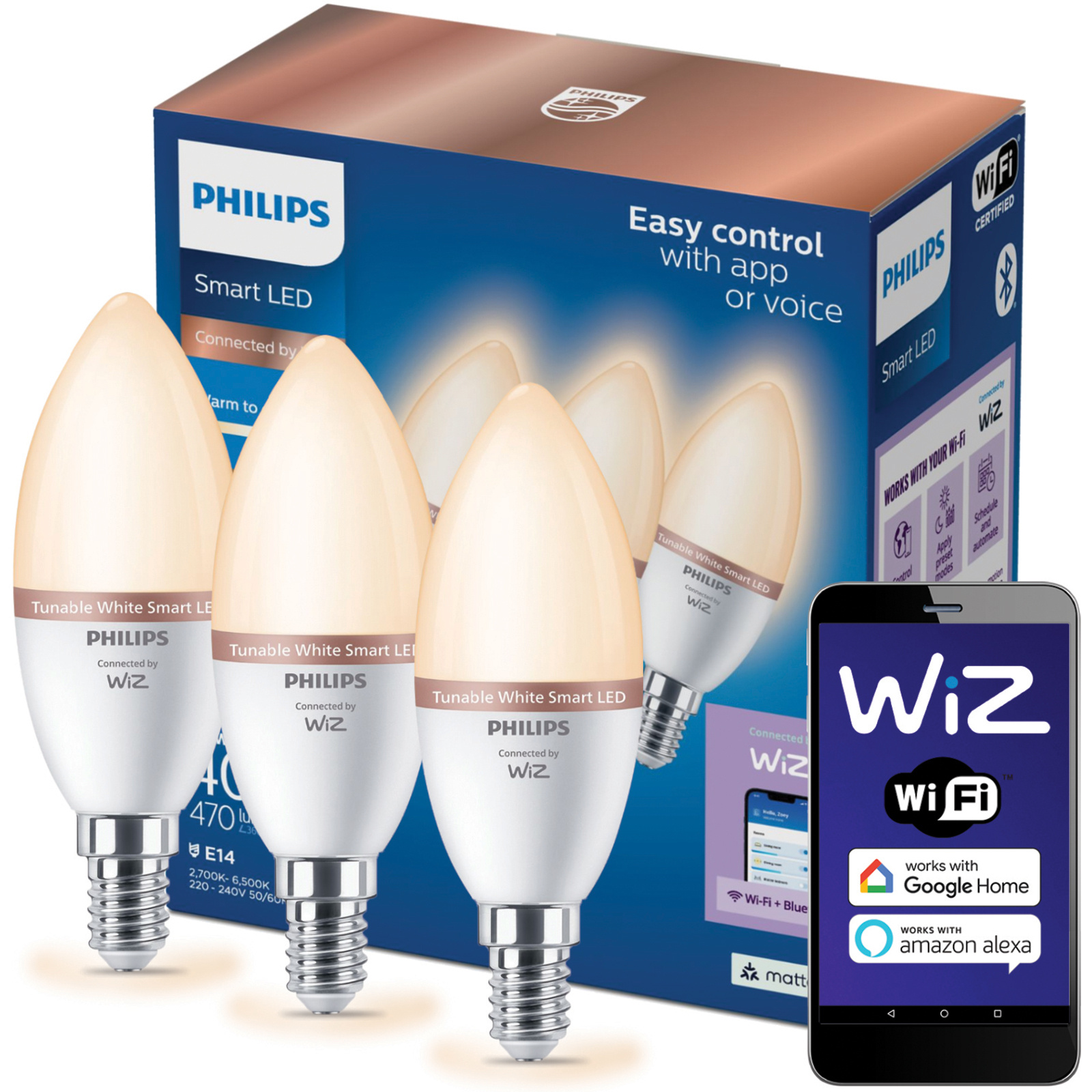 3x Led žárovka E14 4.9W Tw Inteligentní Smart WiFi Aplikace WiZ Philips