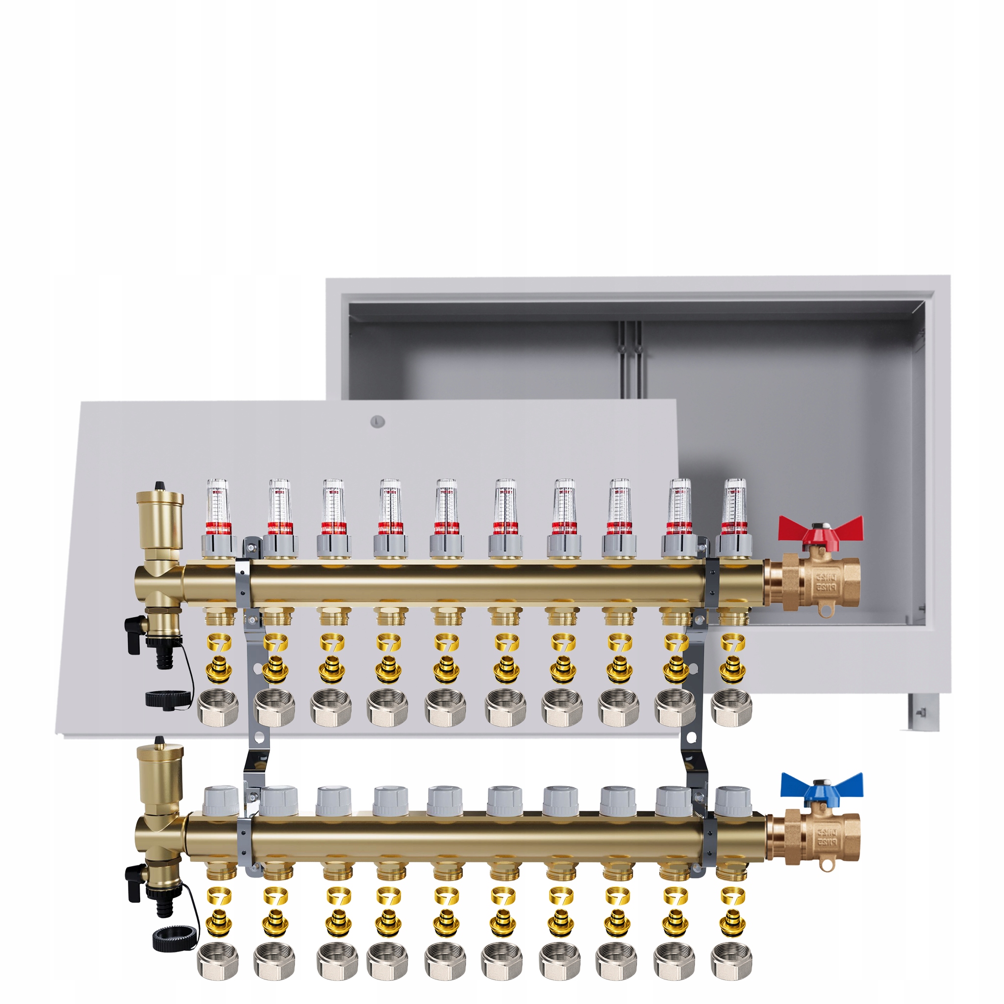 Rozdělovač podlahový mosazný 10 okruhů Podomítková skříňka Ventily Pex