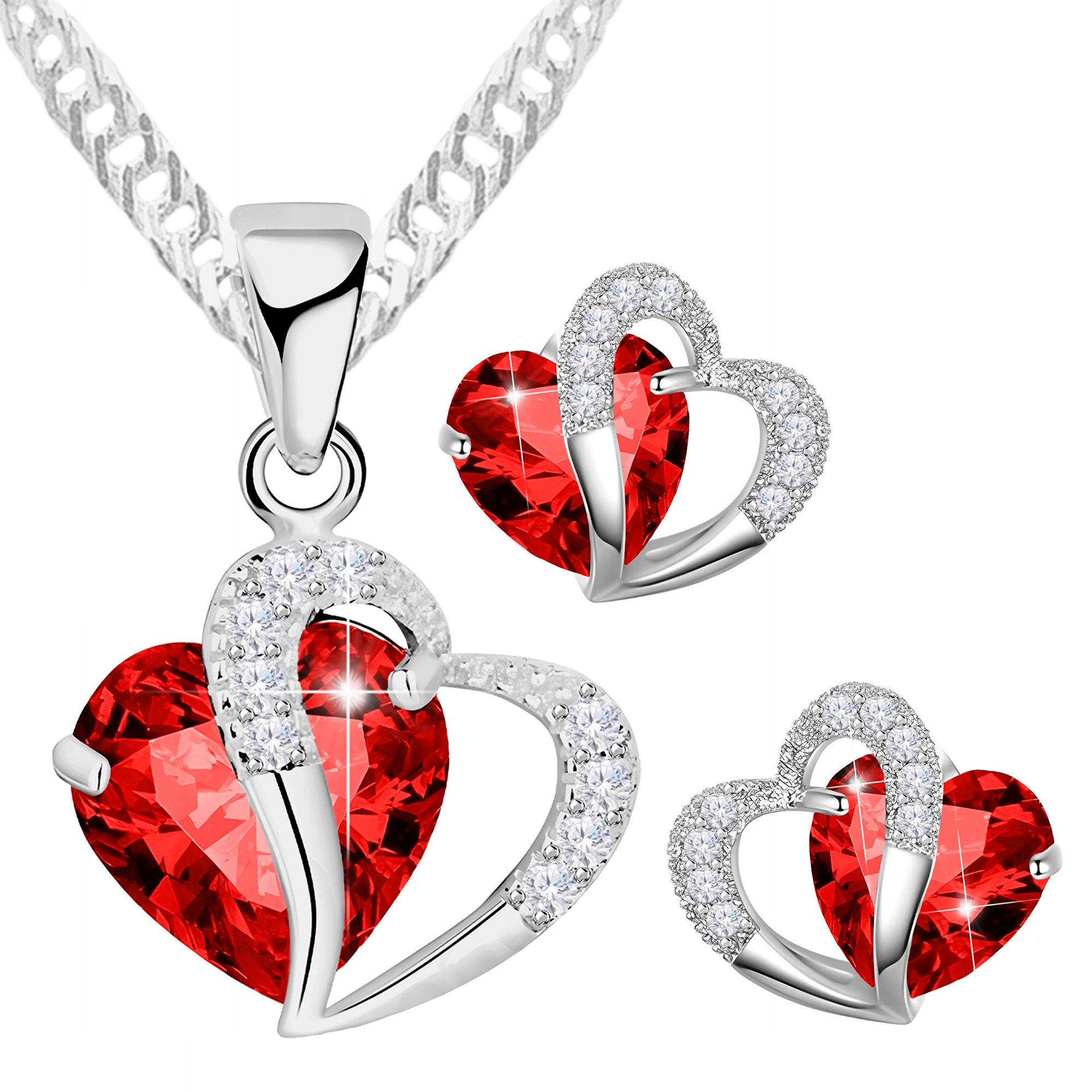 Sada Stříbrný náhrdelník Srdce a Náušnice Křišťálové červené srdce Láska
