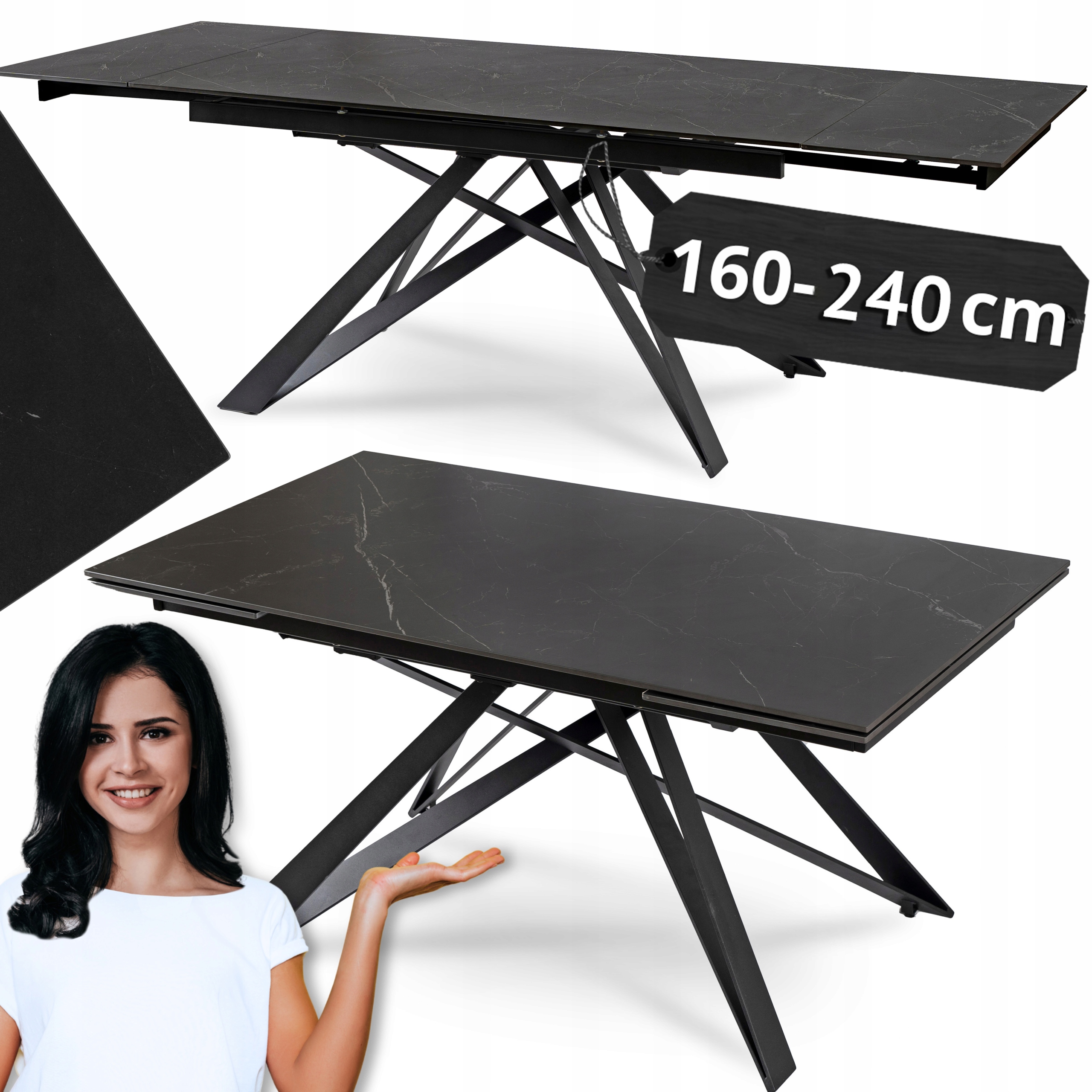 Rozkládací keramický stůl Umělý Kámen Na Bázi Křemene do jídelny černý Maxime 160/240