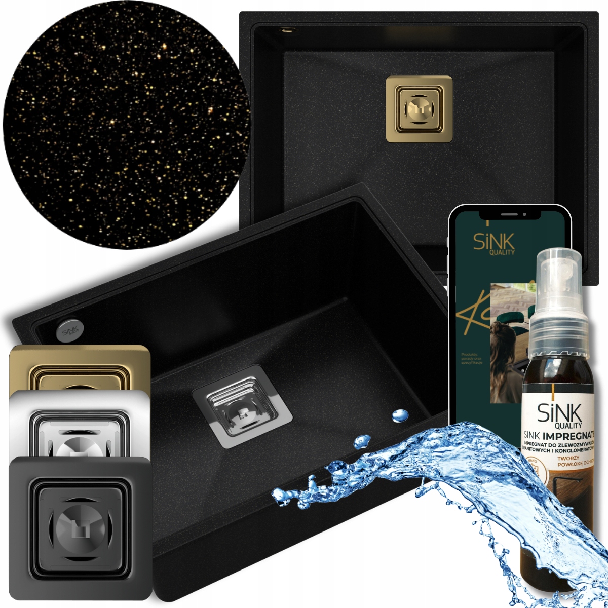 Granitový Dřez jednokomorový Zlatý Bez Odkapávače sifon bonus 9v1