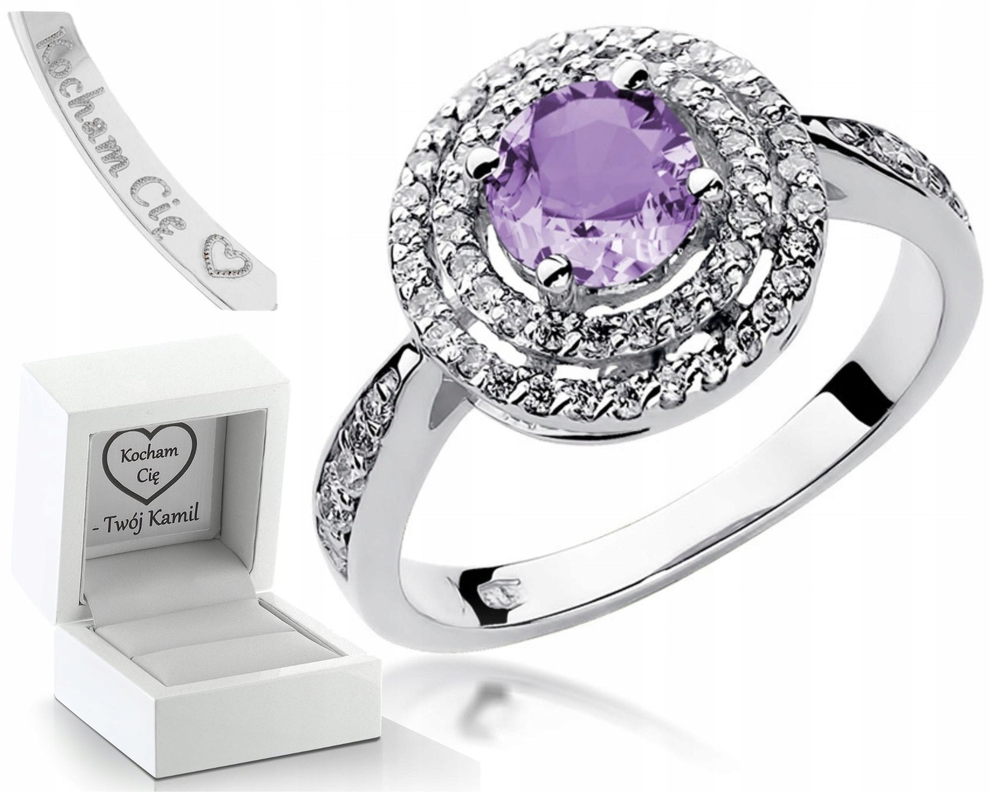 Prstýnek Ametyst Brilianty Bílé Zlato Gravírování