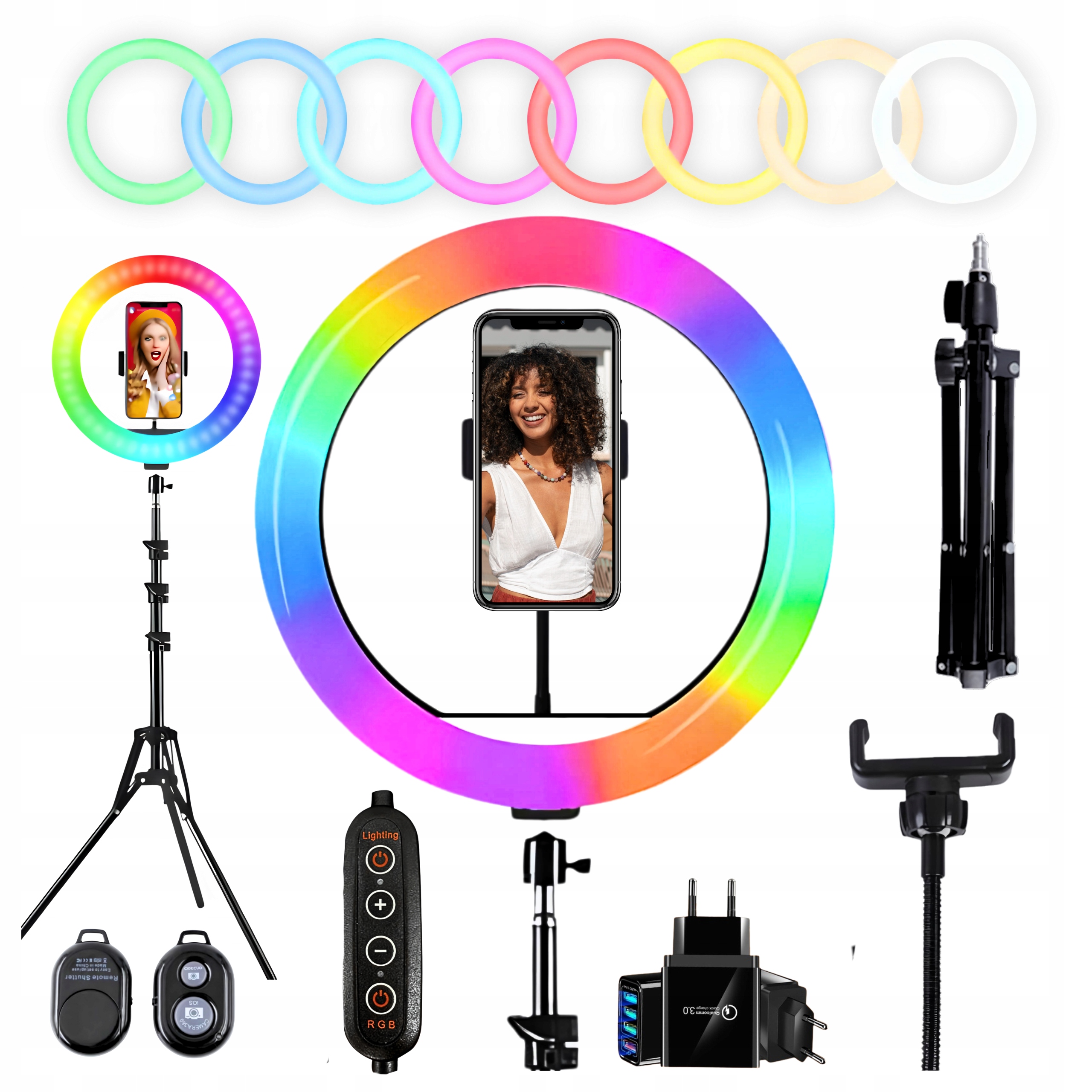 Kruhová lampa Rgb Ring 26 cm 60 W stativ 220 cm dálkové ovládání Bt napájecí adaptér