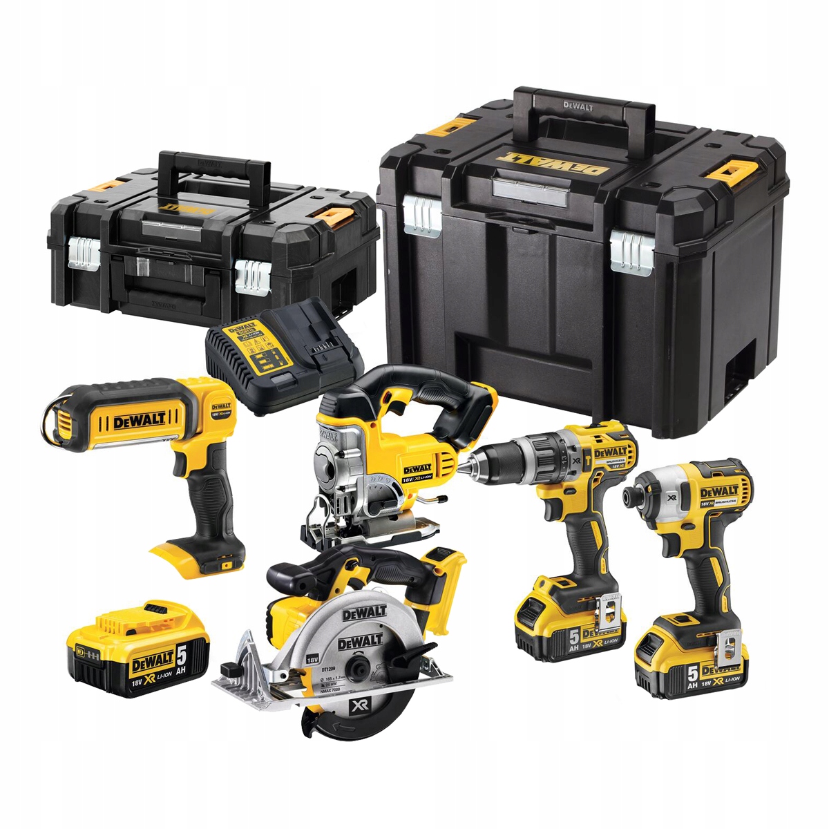 Sada 18V akumulátorového nářadí DeWalt DCK551P3T 3x 5,0Ah baterie kufr Tstak II kufr Tstak VI