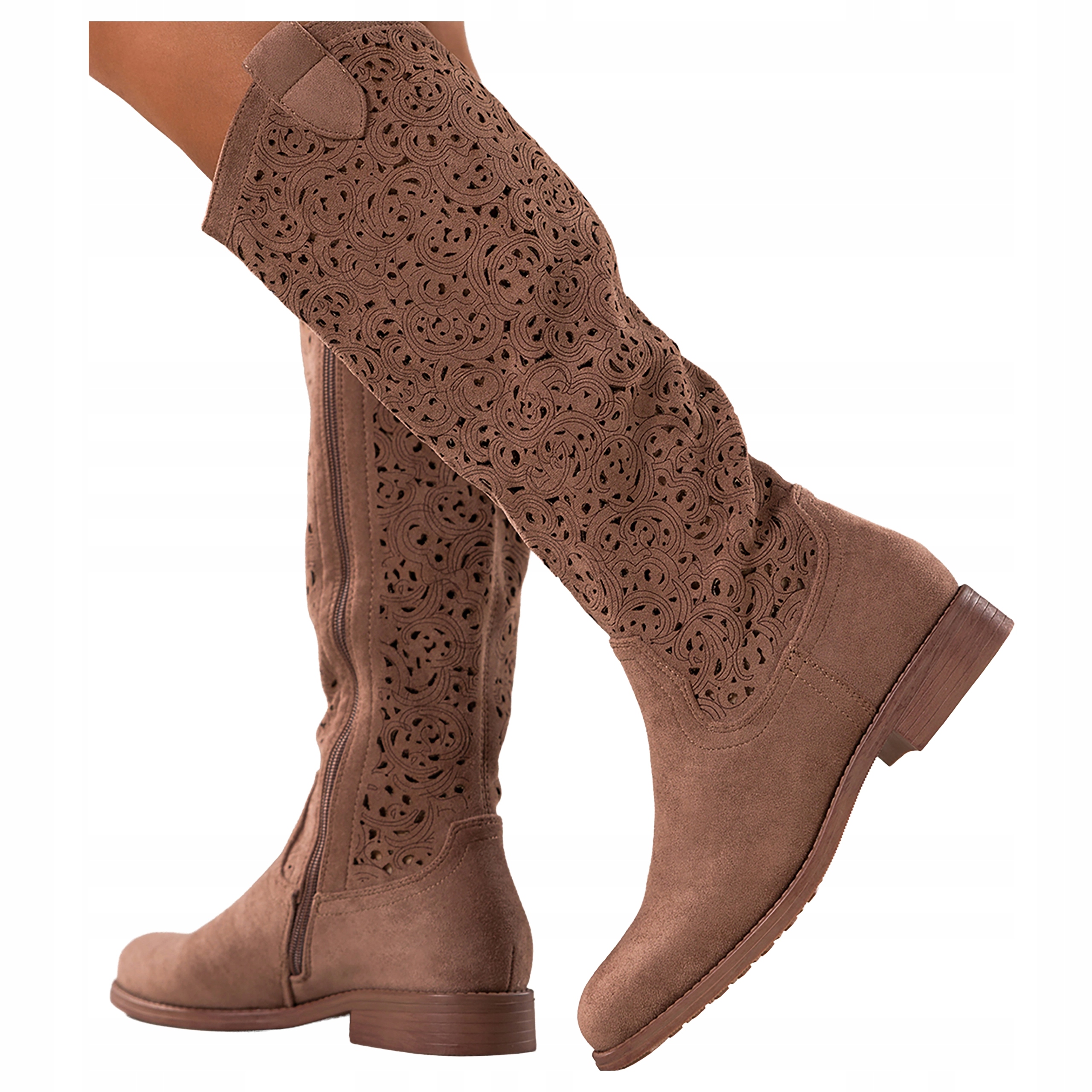 Hnědé Kozačky Dámské Široký Ažurový Svršek Před Koleno Ploché vel. 38