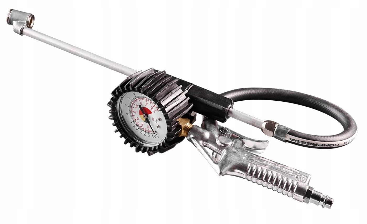 NEO Pistolet do pompowania z manometrem o 63 mm, długa końcówka