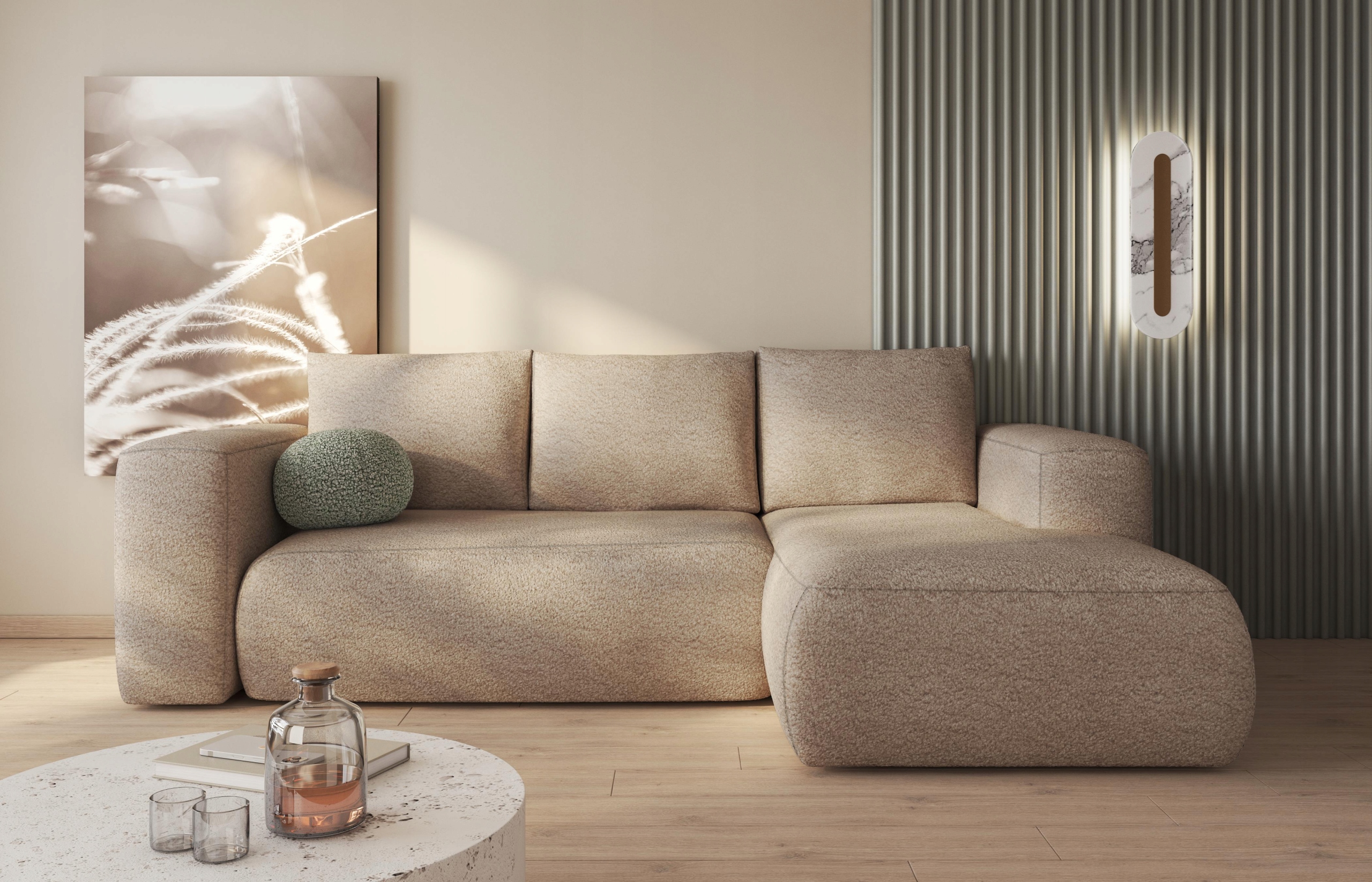 Béžový rozkládací rohová sedací souprava na pružinách, pravostranný