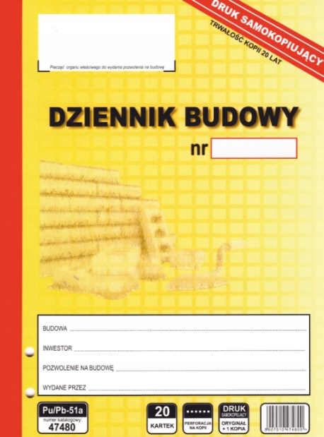 Dziennik Budowy Samokopiujący 20 kartek 10+10
