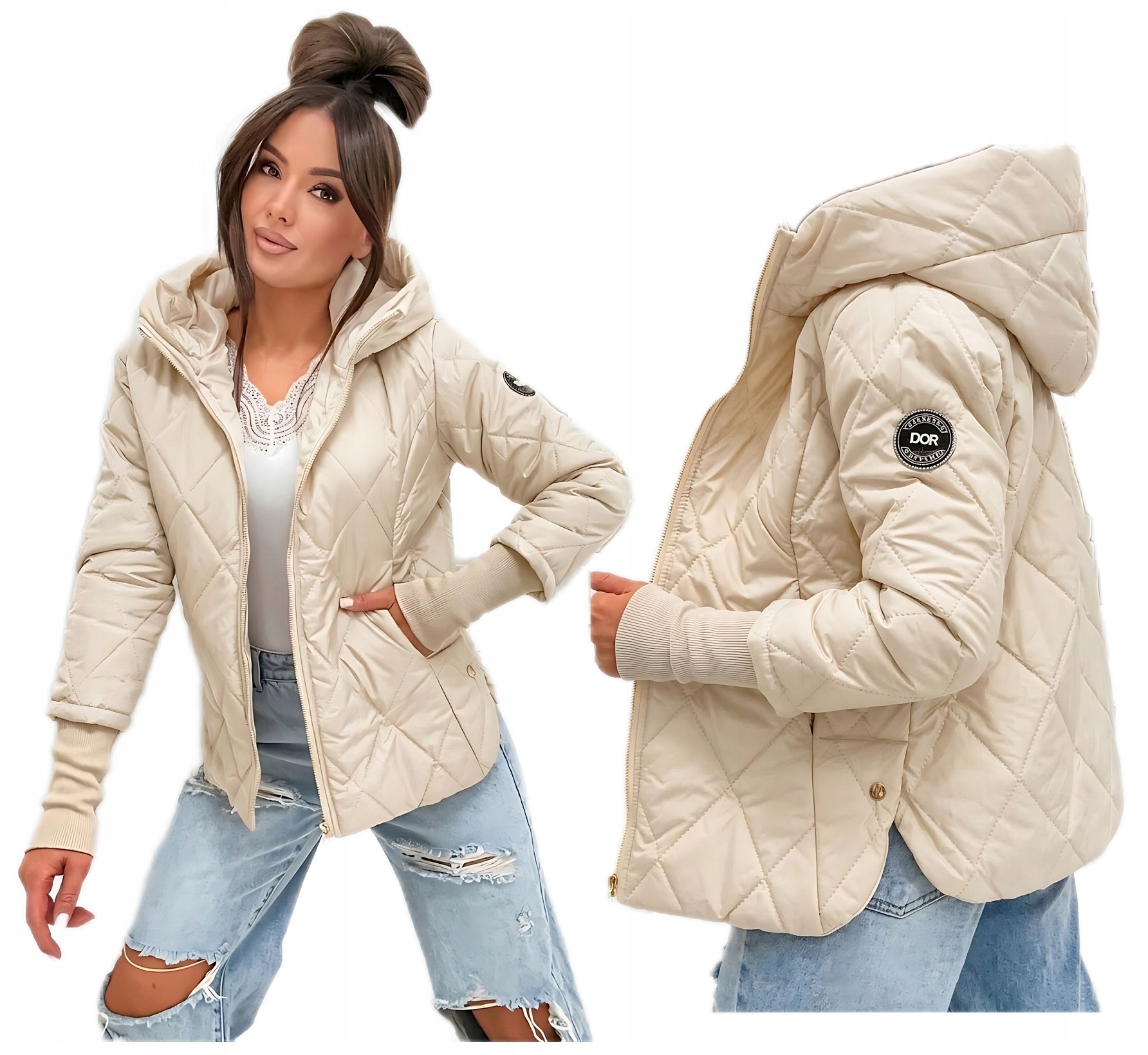 Kurtka damska Wiosenna przejsciowa pikowana z kapturem Jasny Beż Dori roz L