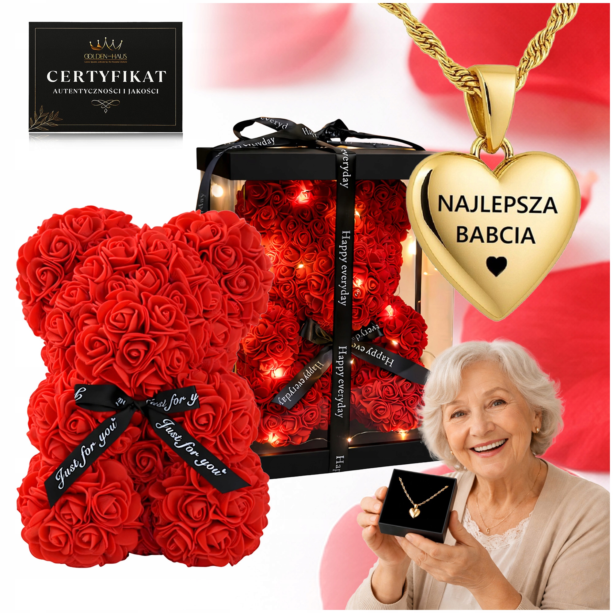 Dárková Sada Pro Babičku S Gravírováním Náhrdelník Led Medvídek Z Růží, Narozeniny