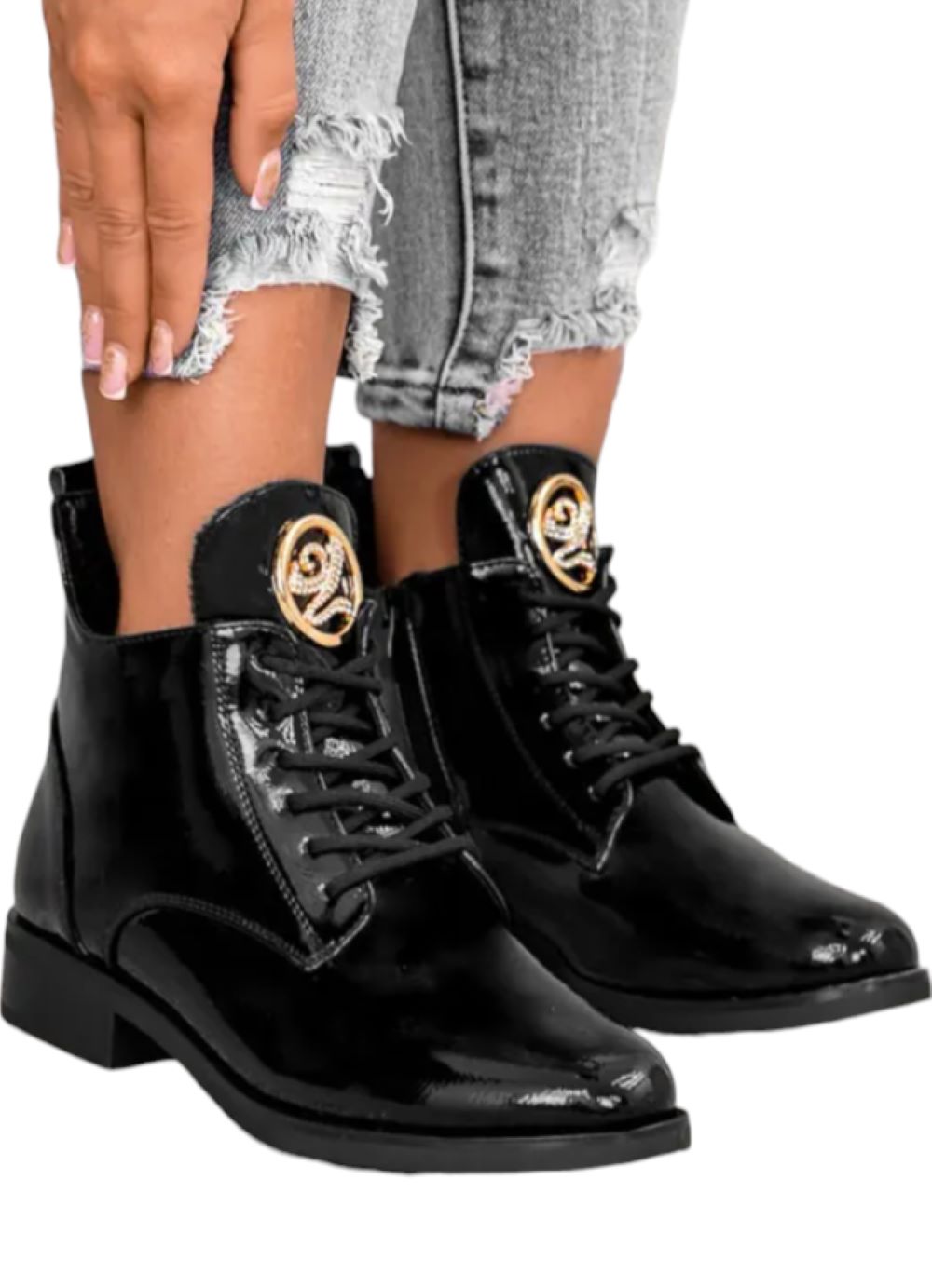 Dámské Kotníkové Boty na podpatku Ploché kožené lakované černé 39