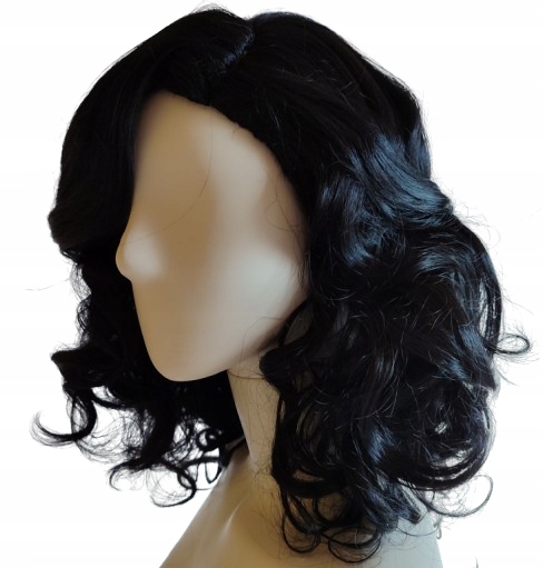 Paruka černá retro husté vlny kudrlinky na ramenou s oddělovačem na boku