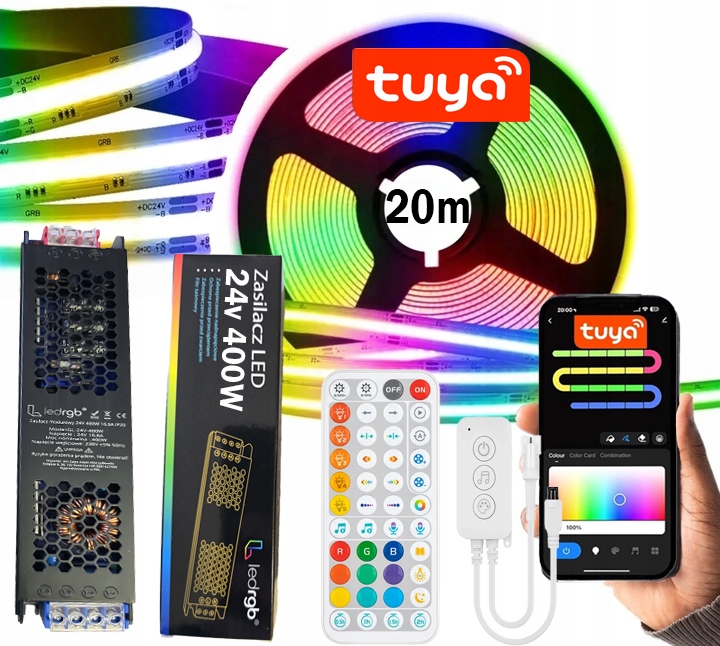 Led Páska 20 m Cob Neon Rgbic Wifi Tuya Aplikace Dálkový Ovladač Sada Napájecího Zdroje 24 V