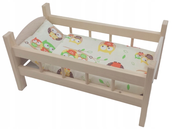 ŁÓŻECZKO DREWNIANE DUŻE dla lalek POŚCIEL 3 EL.