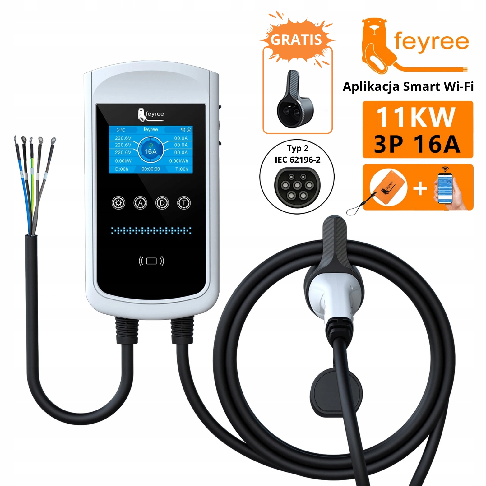 Feyree typ 2 nabíjací wallbox 11KW 16A 3 fázy WiFi, Rfid karty, LCD